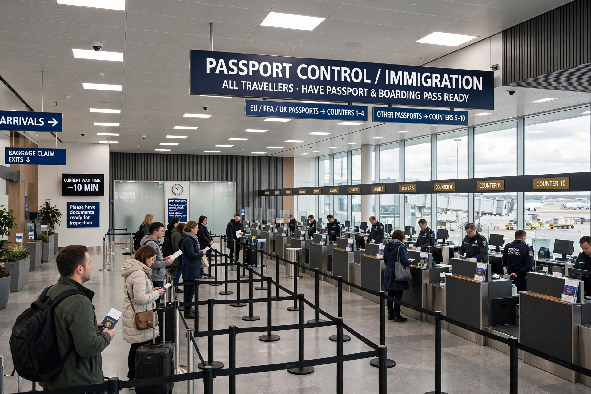 Rows of passport control counters inside a bright modern airport immigration hall