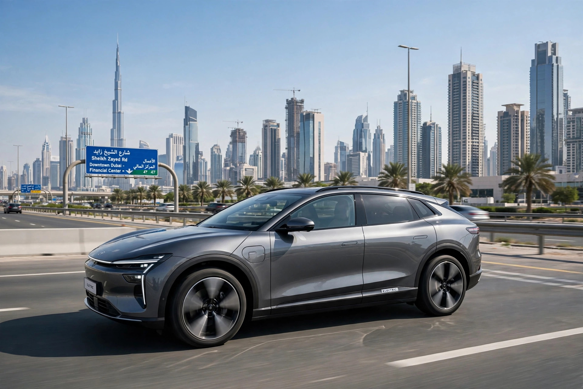 A modern electric SUV driving along a Dubai highway lined with skyscrapers on a clear day