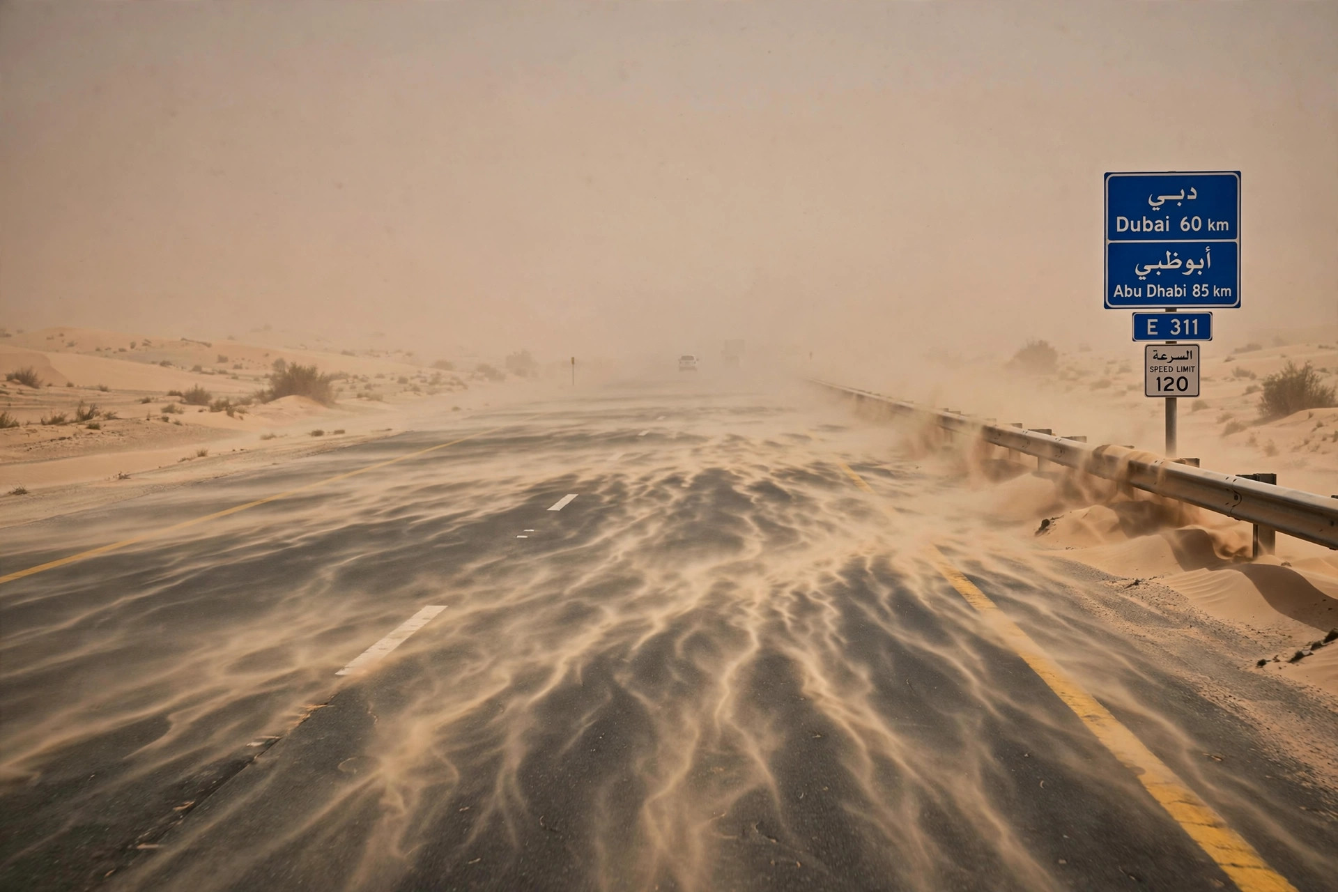 A desert highway in the UAE with blowing dust haze reducing visibility