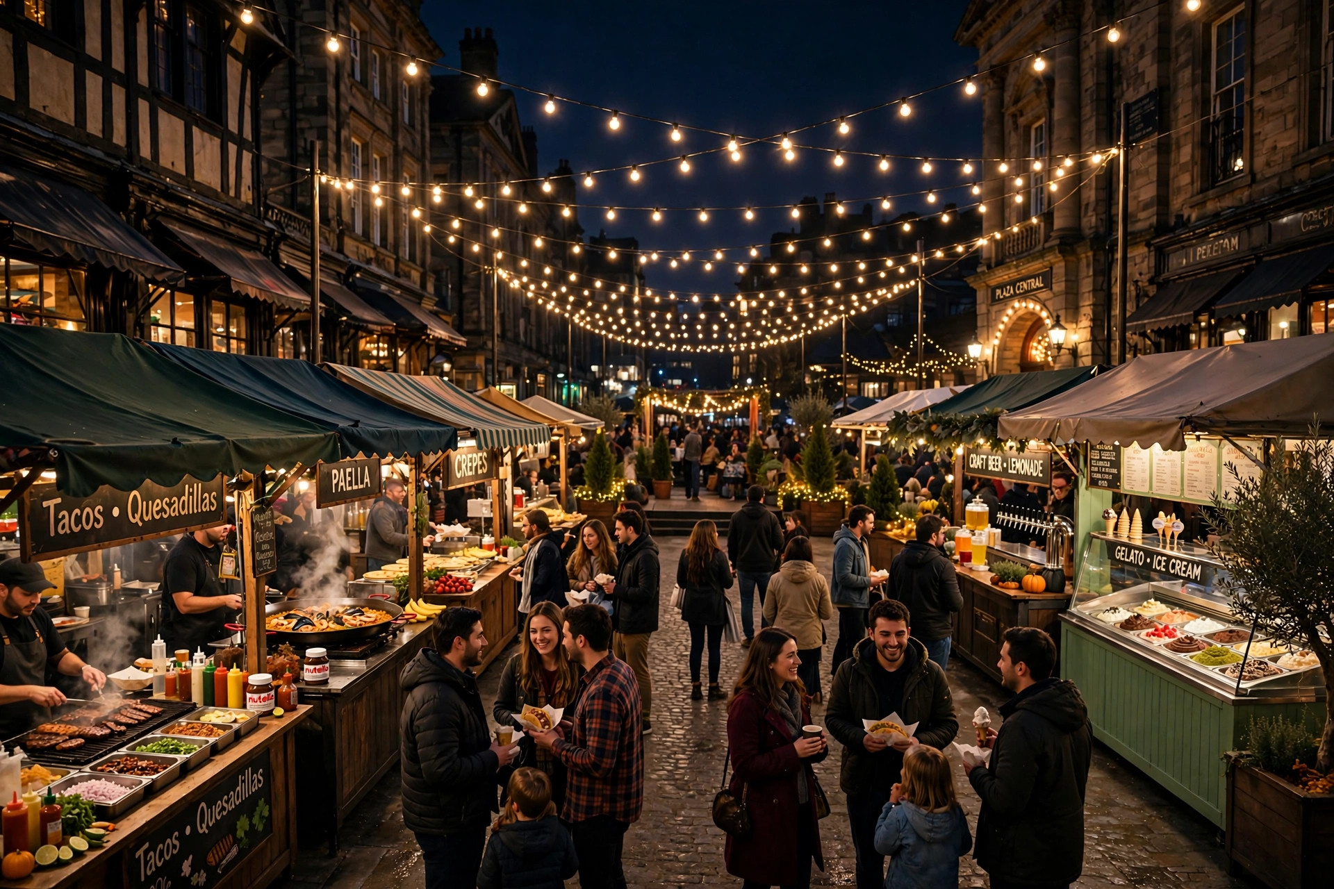 Night-time open-air plaza event with string lights, food stalls and a crowd