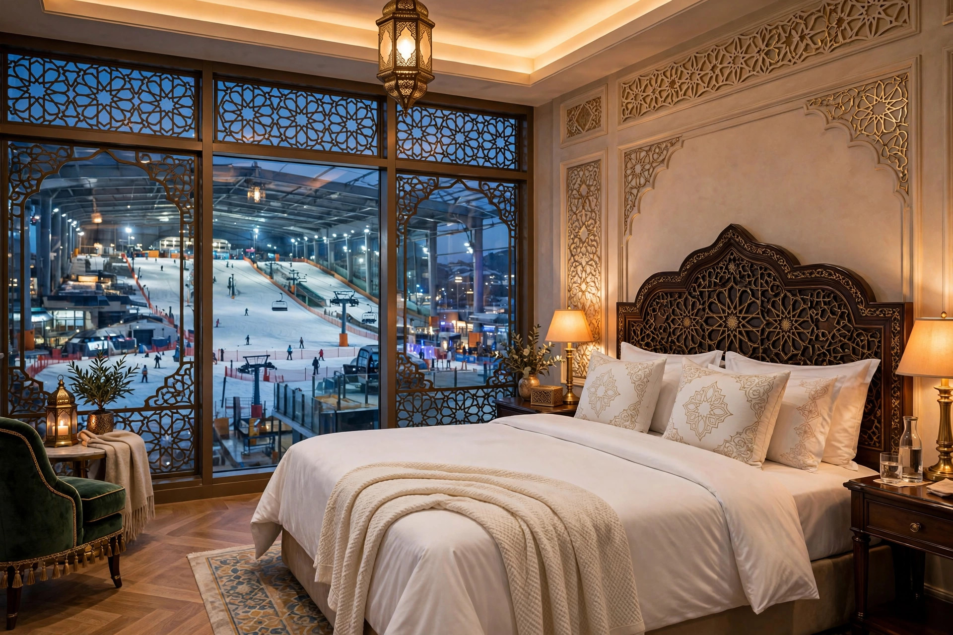 A luxury Dubai hotel bedroom with a view of an indoor ski slope through large windows