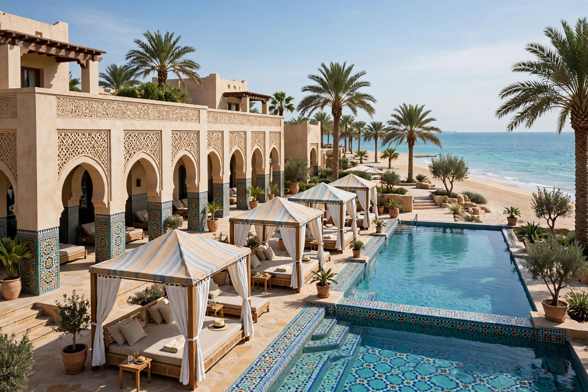 Low-rise Moorish-style resort pool deck leading down to a private beach with cabanas on Palm Jumeirah