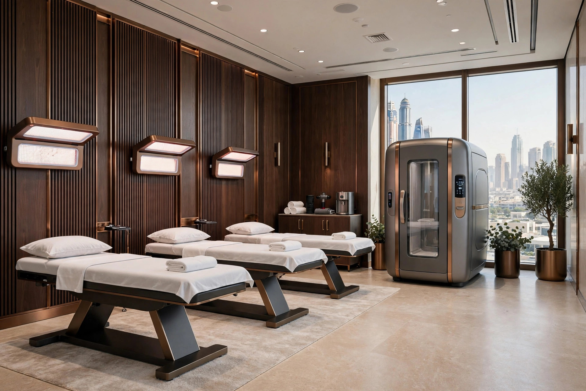 A modern recovery lab with treatment tables and light therapy panels inside a Dubai hotel