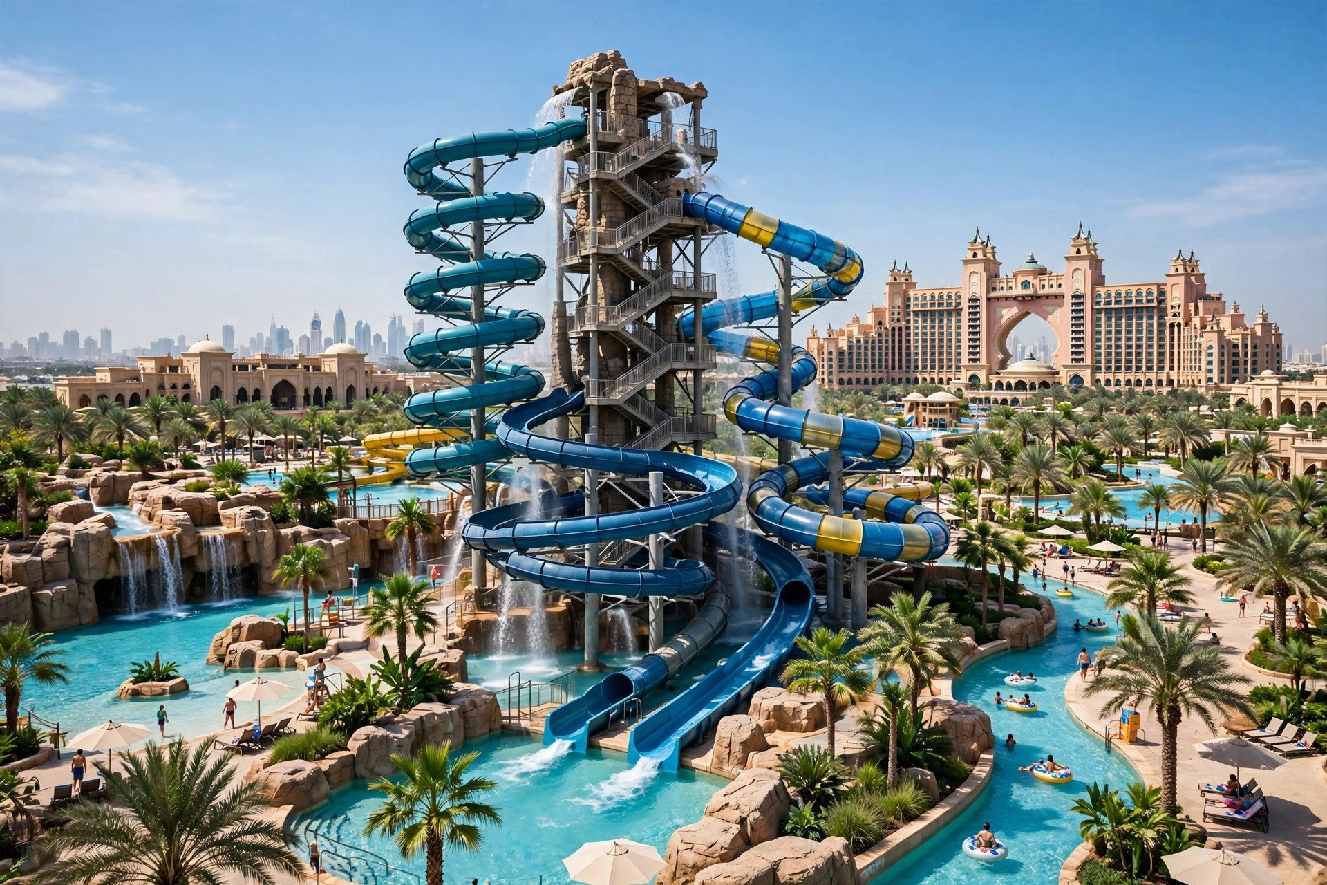 Towering water slides and palm trees at a large Dubai water park with a resort in the background