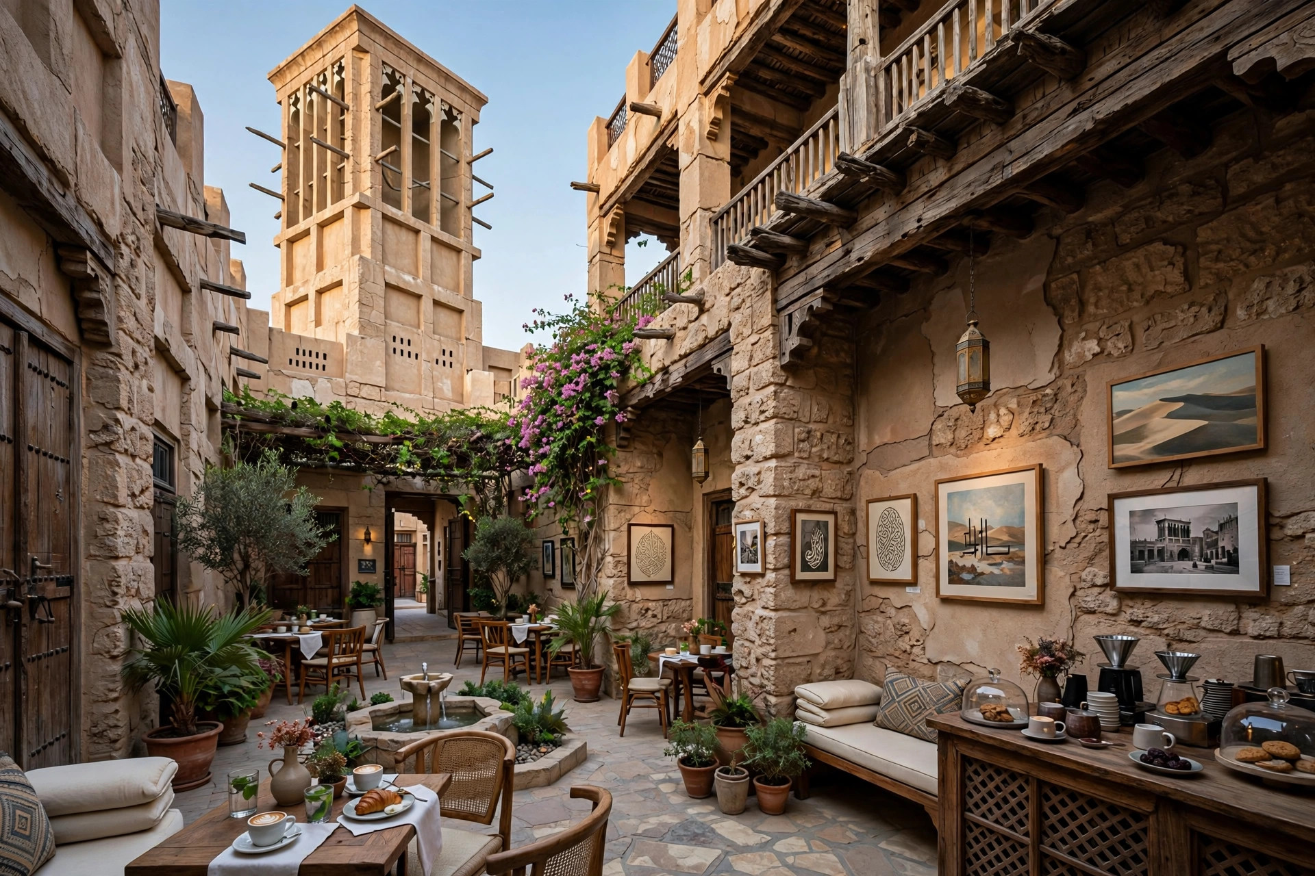 Restored heritage courtyard house with wind tower at XVA Art Hotel in Al Fahidi, Dubai