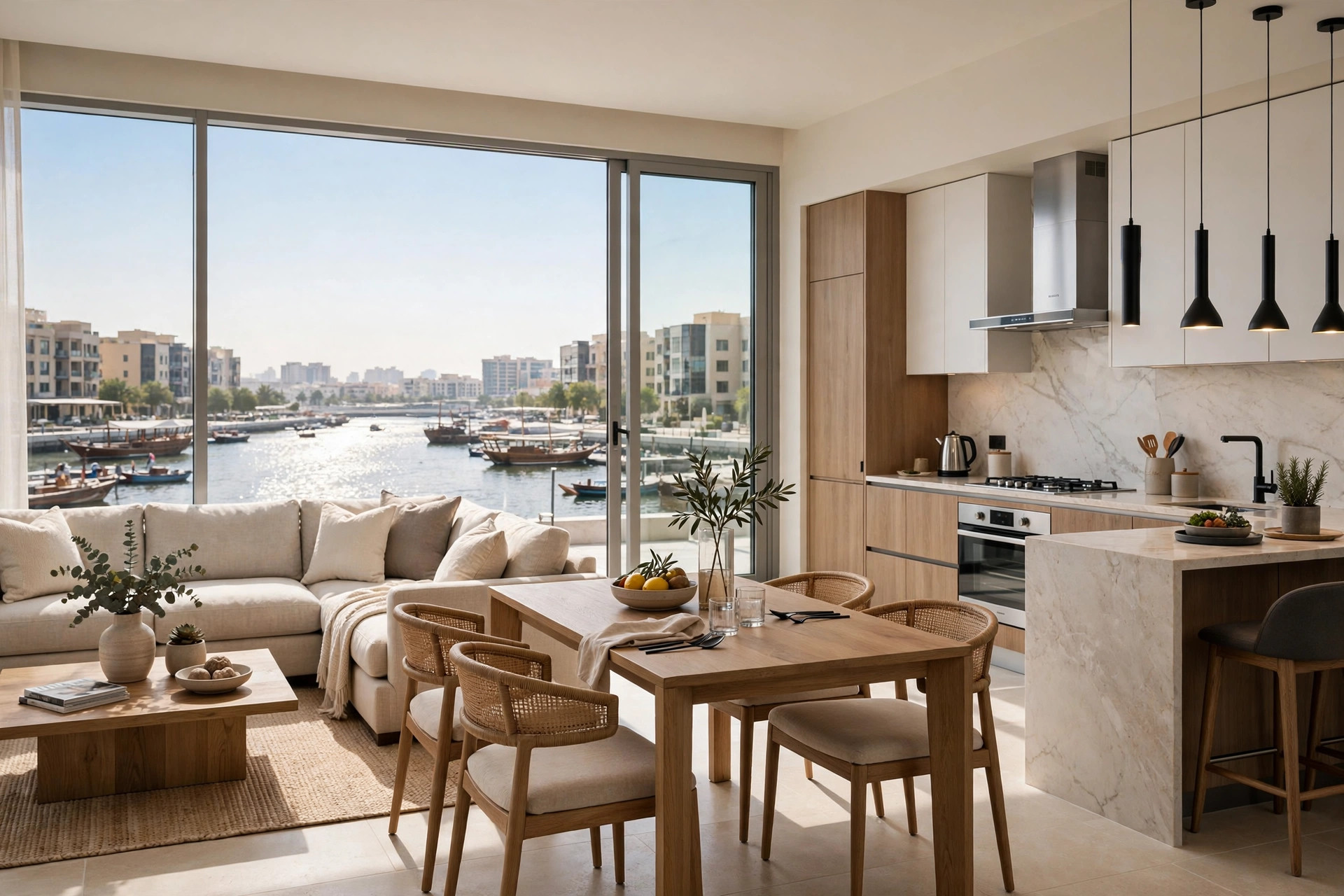 Spacious serviced apartment living room and kitchen overlooking Dubai Creek