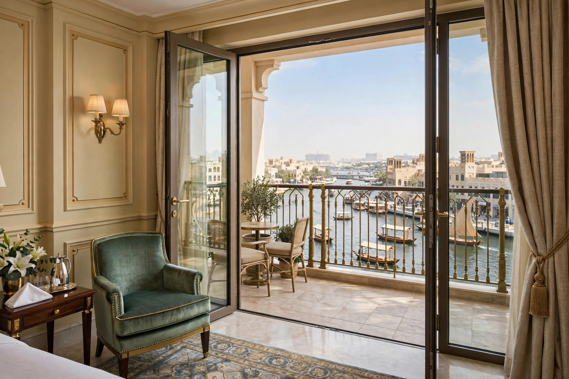 Hotel balcony overlooking Dubai Creek in Deira with abra boats below
