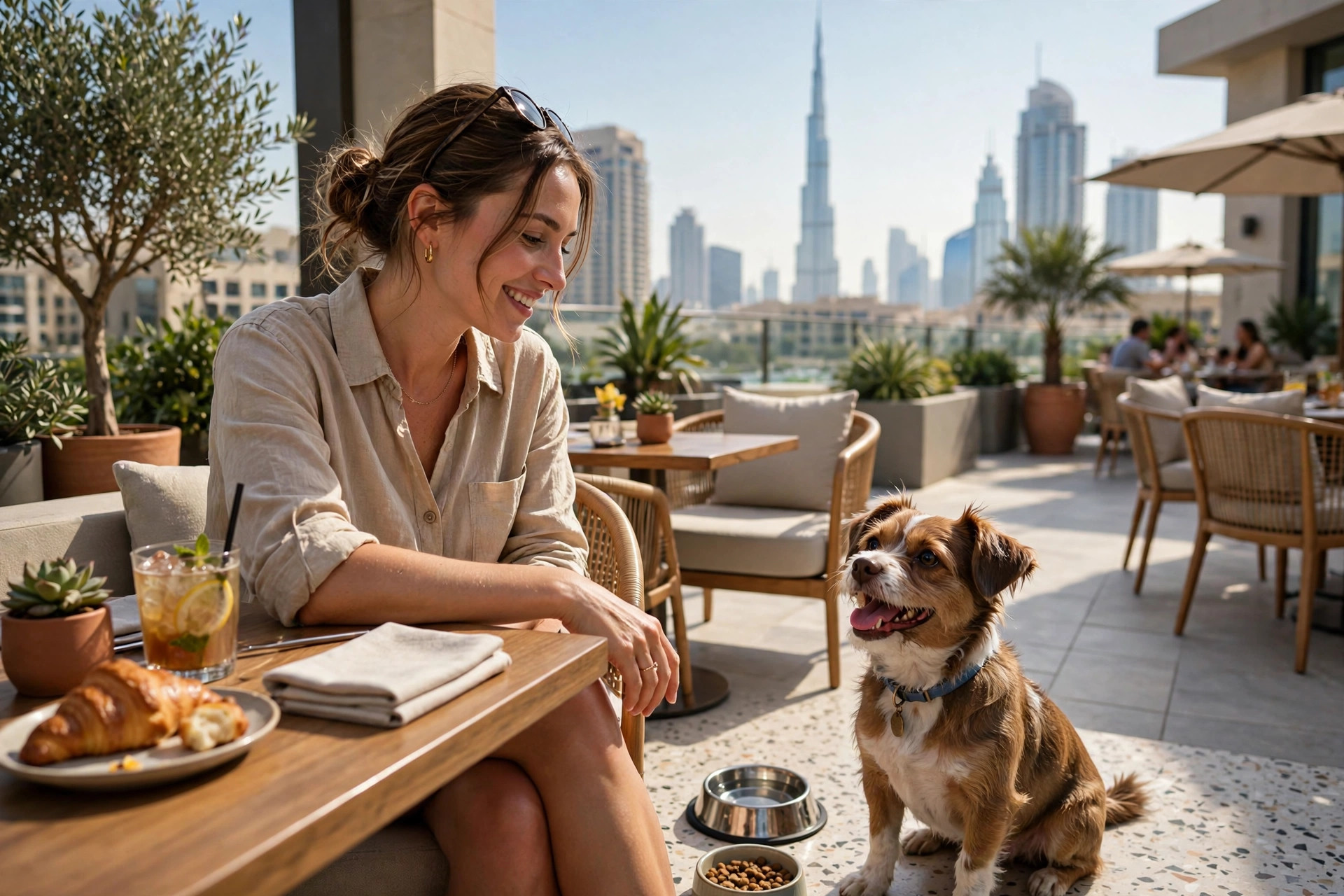 Small dog with its owner on a hotel terrace cafe in downtown Dubai
