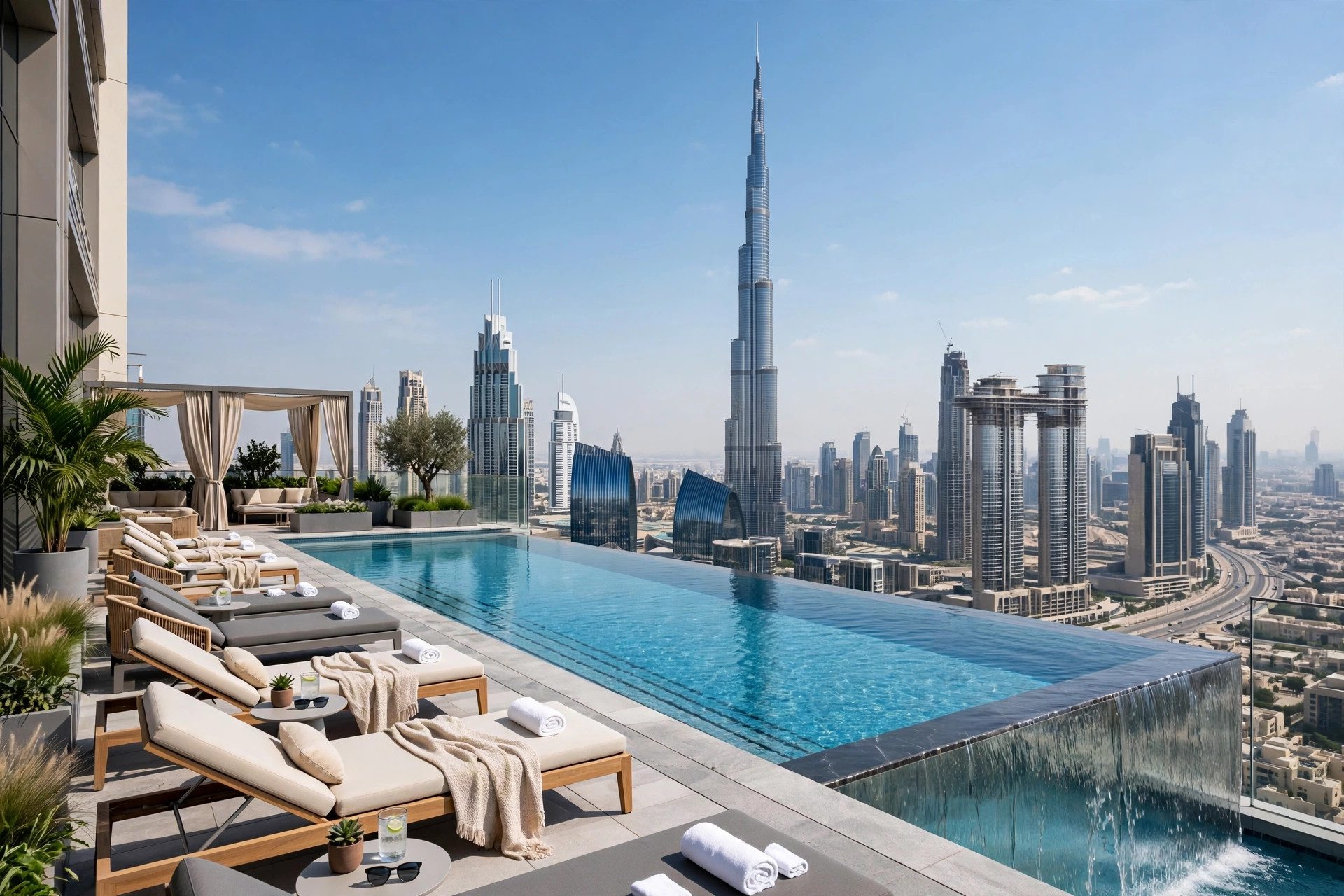 Infinity pool on the Sky Deck at Address Sky View facing Burj Khalifa in Downtown Dubai