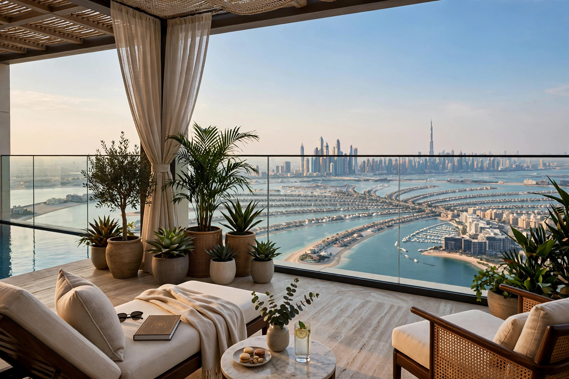 Luxury hotel room terrace overlooking the Palm Jumeirah and Dubai skyline