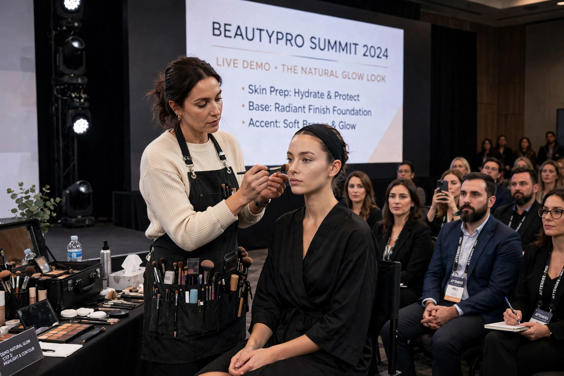 Makeup artist demonstrating a look on stage in front of a professional audience