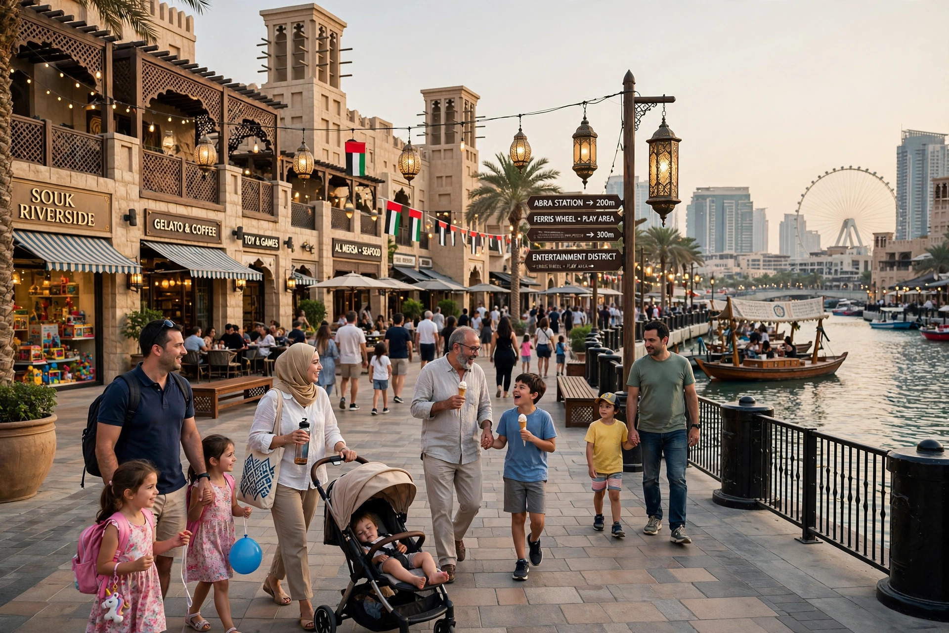 Families walking through Riverland Dubai's themed streets beside the river