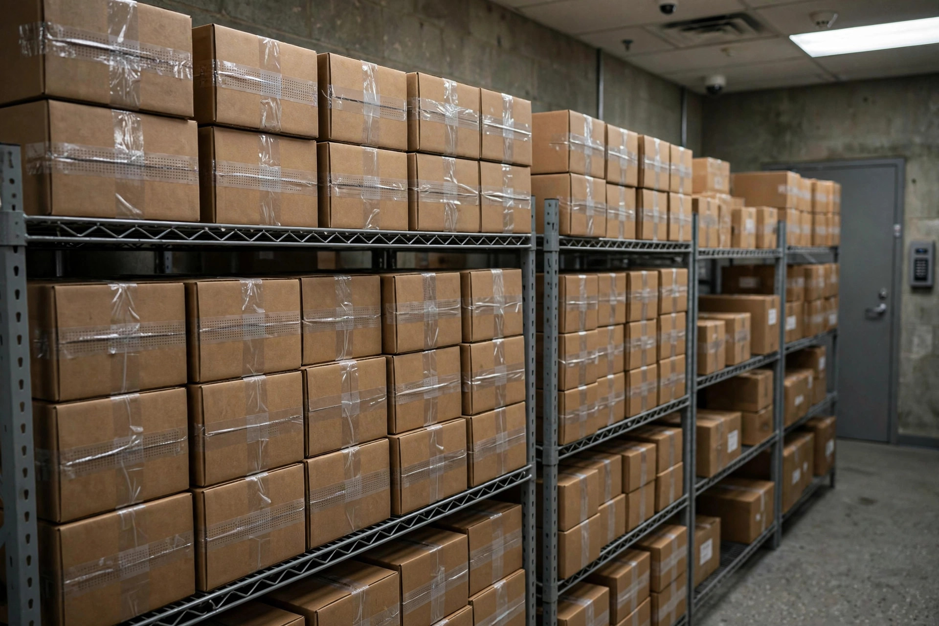 Sealed evidence cartons stacked in rows at a Dubai Police facility