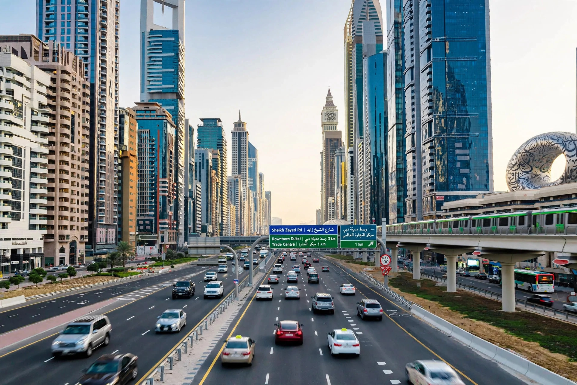 Morning traffic flowing on Sheikh Zayed Road in Dubai with skyscrapers on both sides