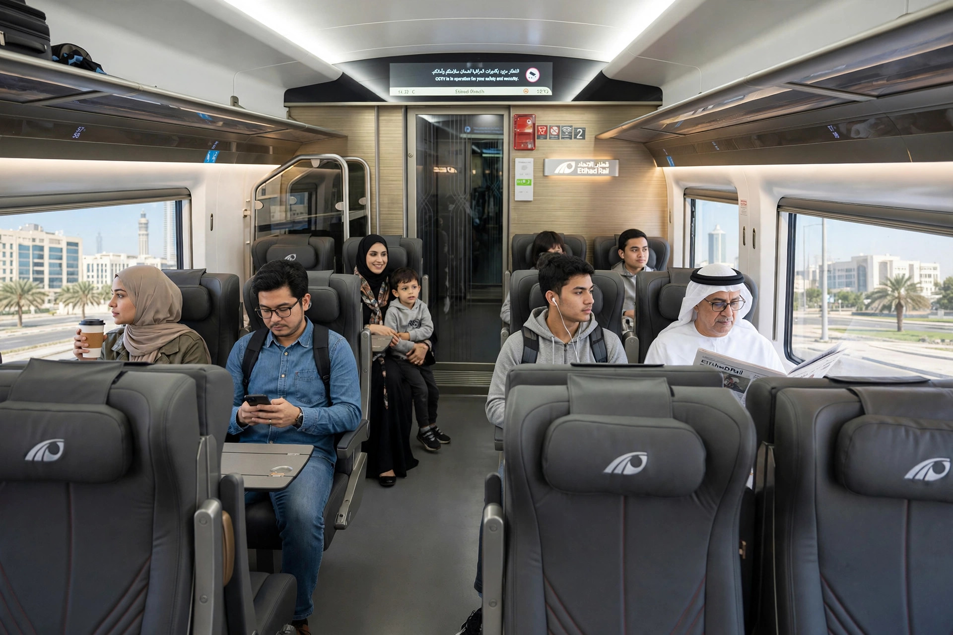 Passengers inside a modern Etihad Rail carriage with wide seats and large windows