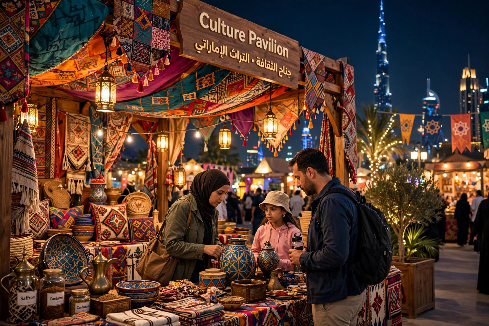 Visitors browsing a colourful culture pavilion at Global Village Dubai at night