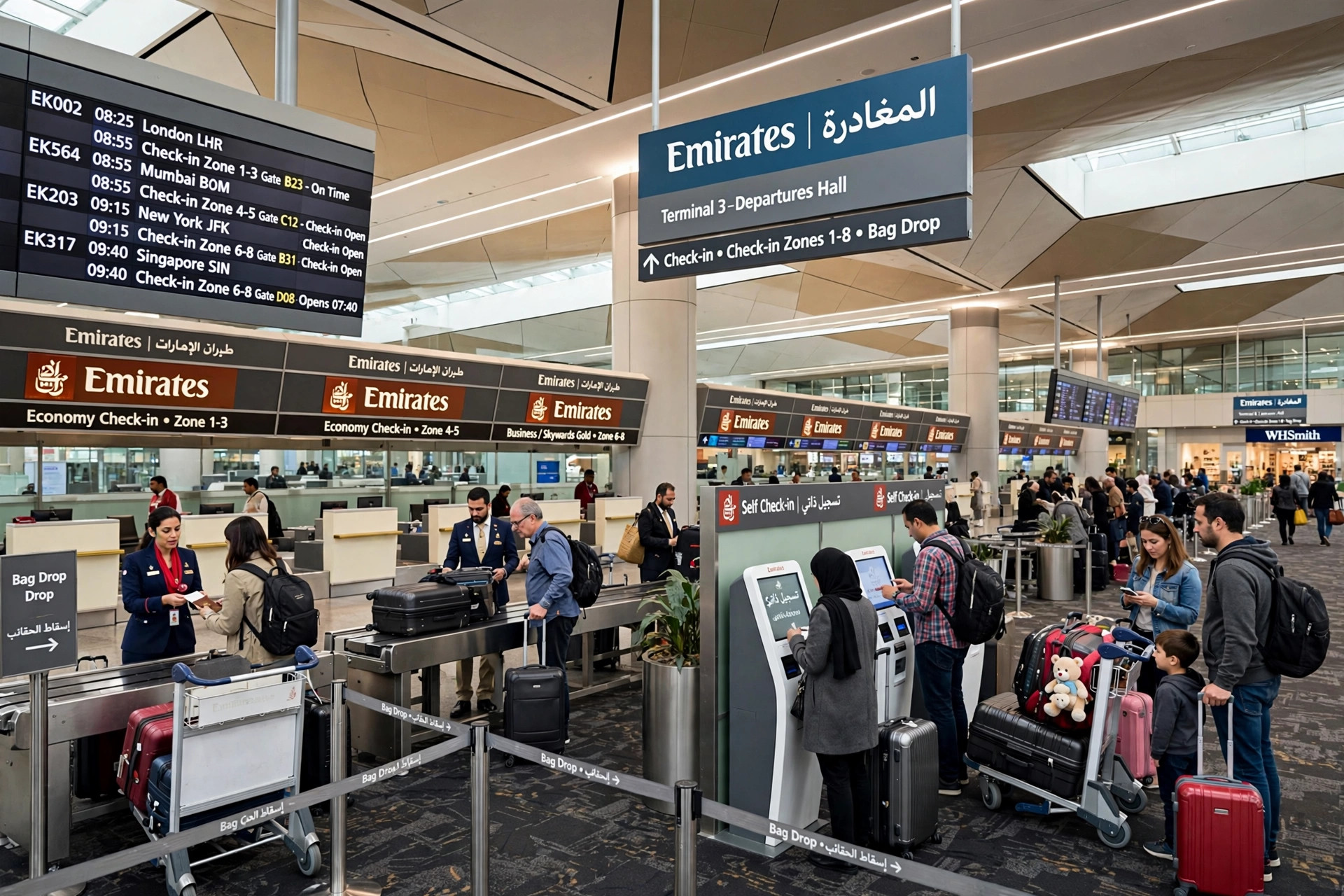 Passengers checking in at Dubai International Airport Terminal 1 departure hall