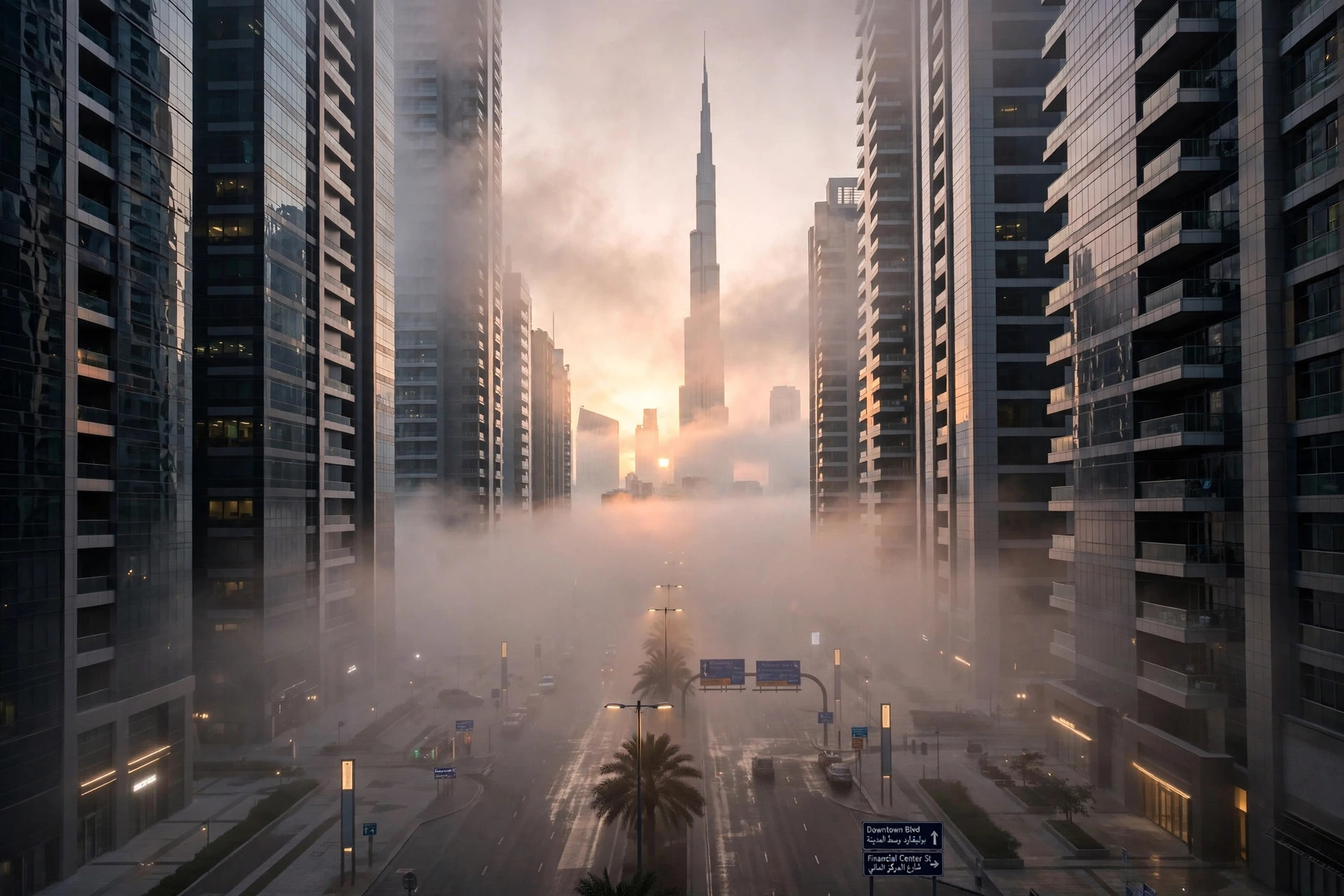 Morning fog drifting between Dubai skyscrapers at sunrise