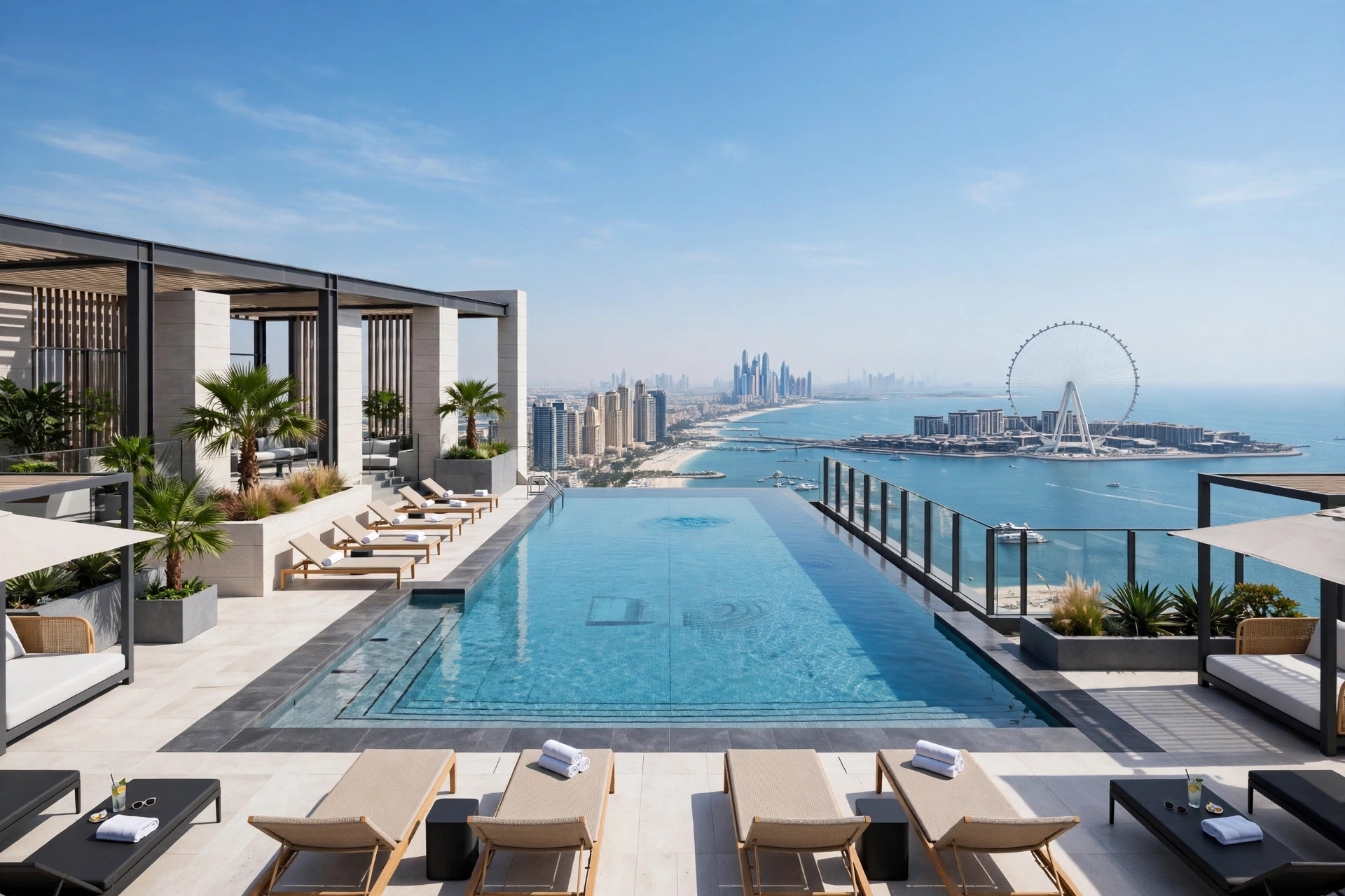 Rooftop infinity pool high above Jumeirah Beach Residence with views over the Gulf