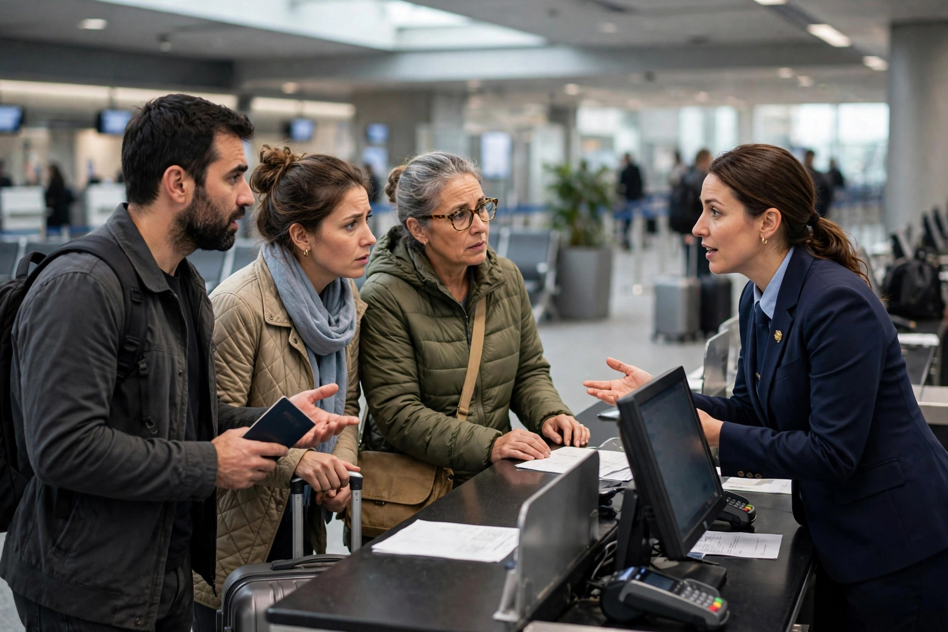 Passengers at an airline check-in desk discussing a rebooking