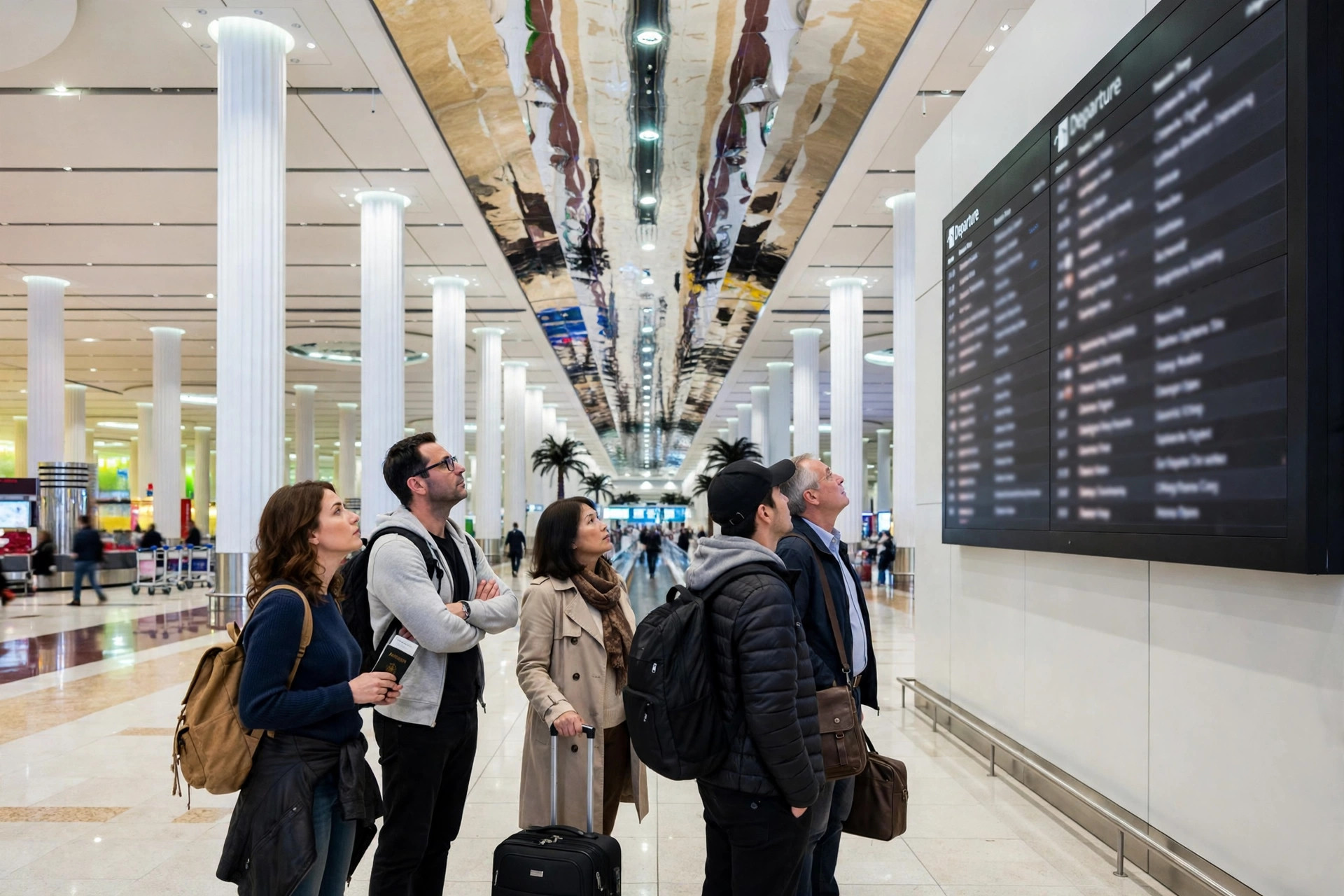 Passengers checking a departure board at Dubai International Airport