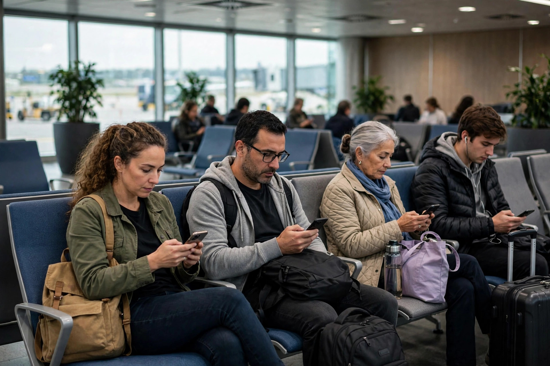 Passengers waiting in an airport departure lounge checking phones for updates