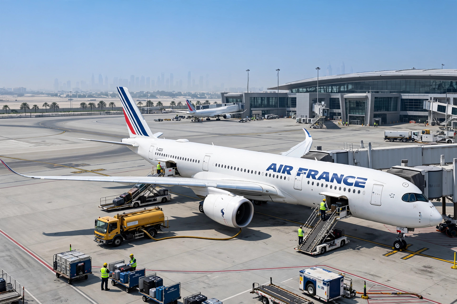 Air France passenger aircraft parked at a Dubai airport gate