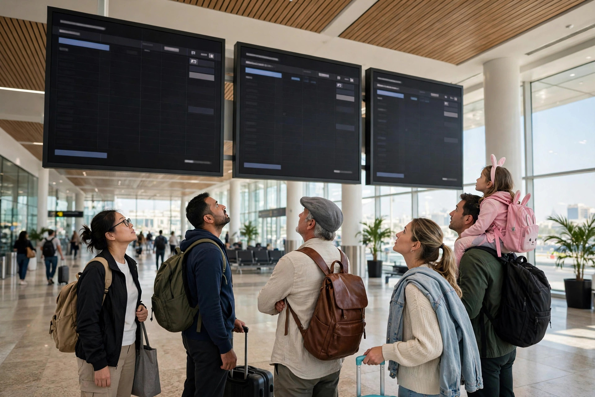 Dubai International Airport departure hall with travellers checking flight information boards