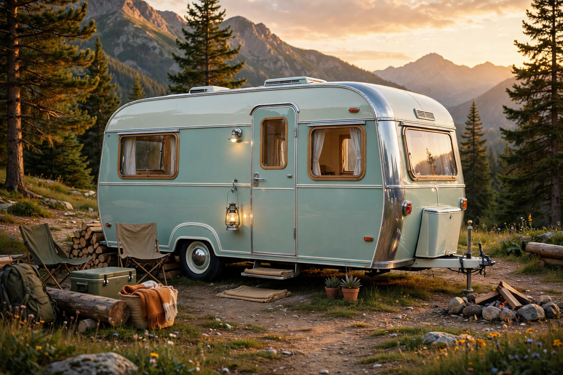 Restored vintage caravan trailer at a mountain campsite at golden hour