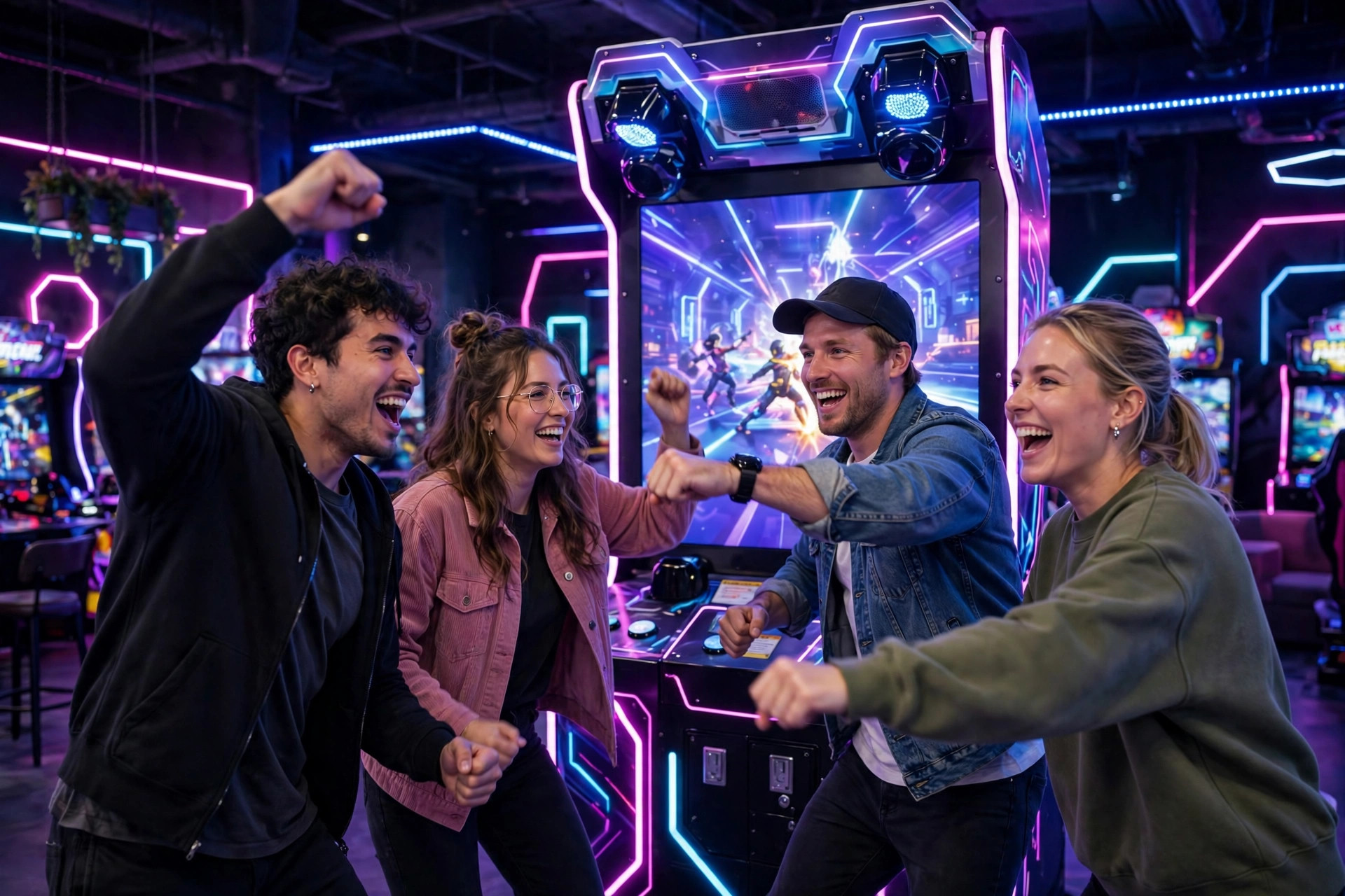 Friends playing an active arcade game in a neon-lit gaming room