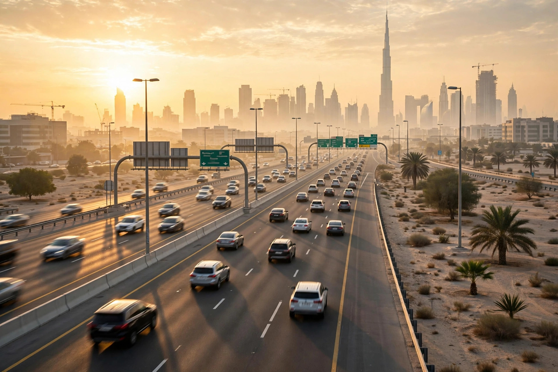 Morning traffic on Al Meydan Road in Dubai with road signs visible