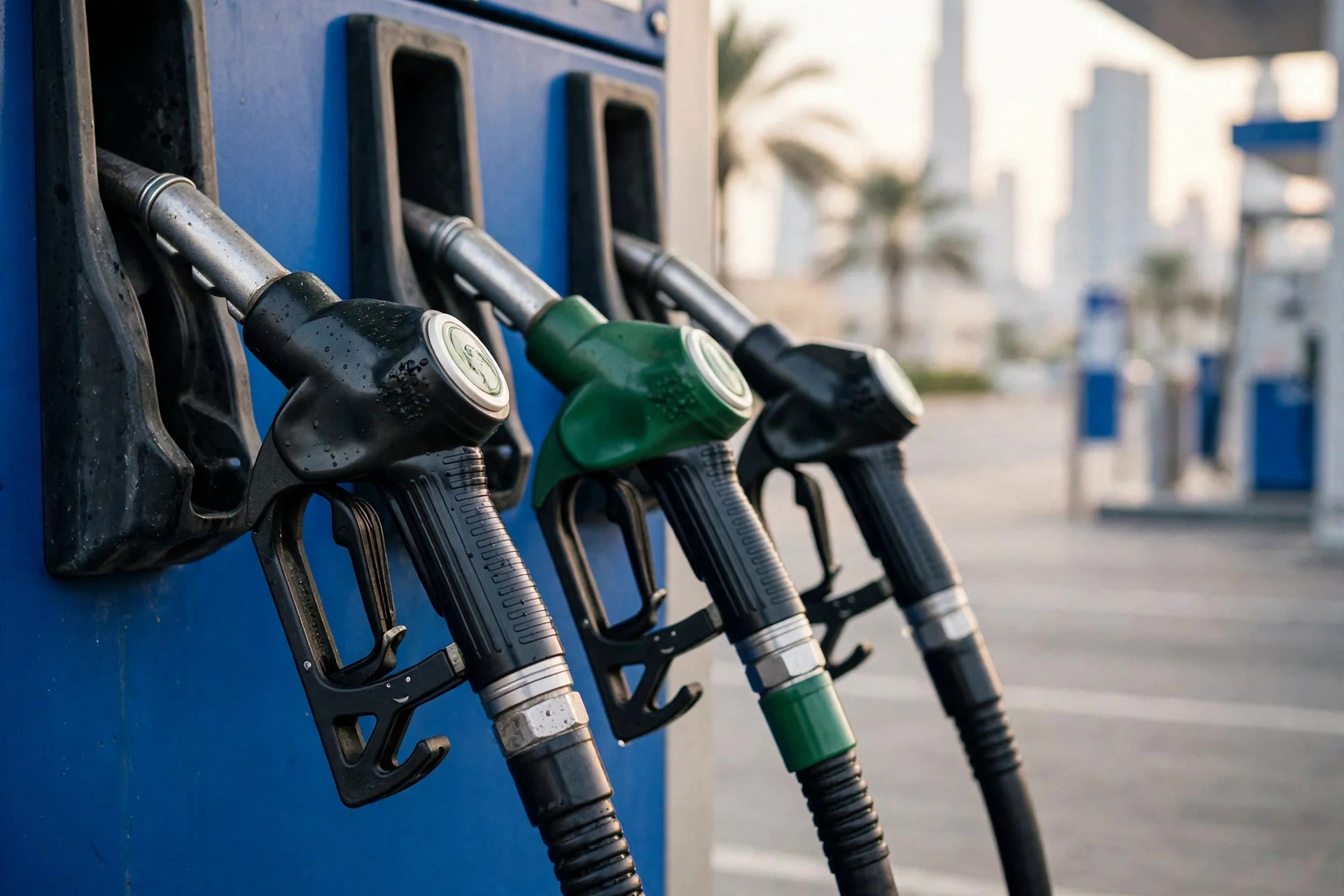 Petrol pump nozzles at a service station in Dubai