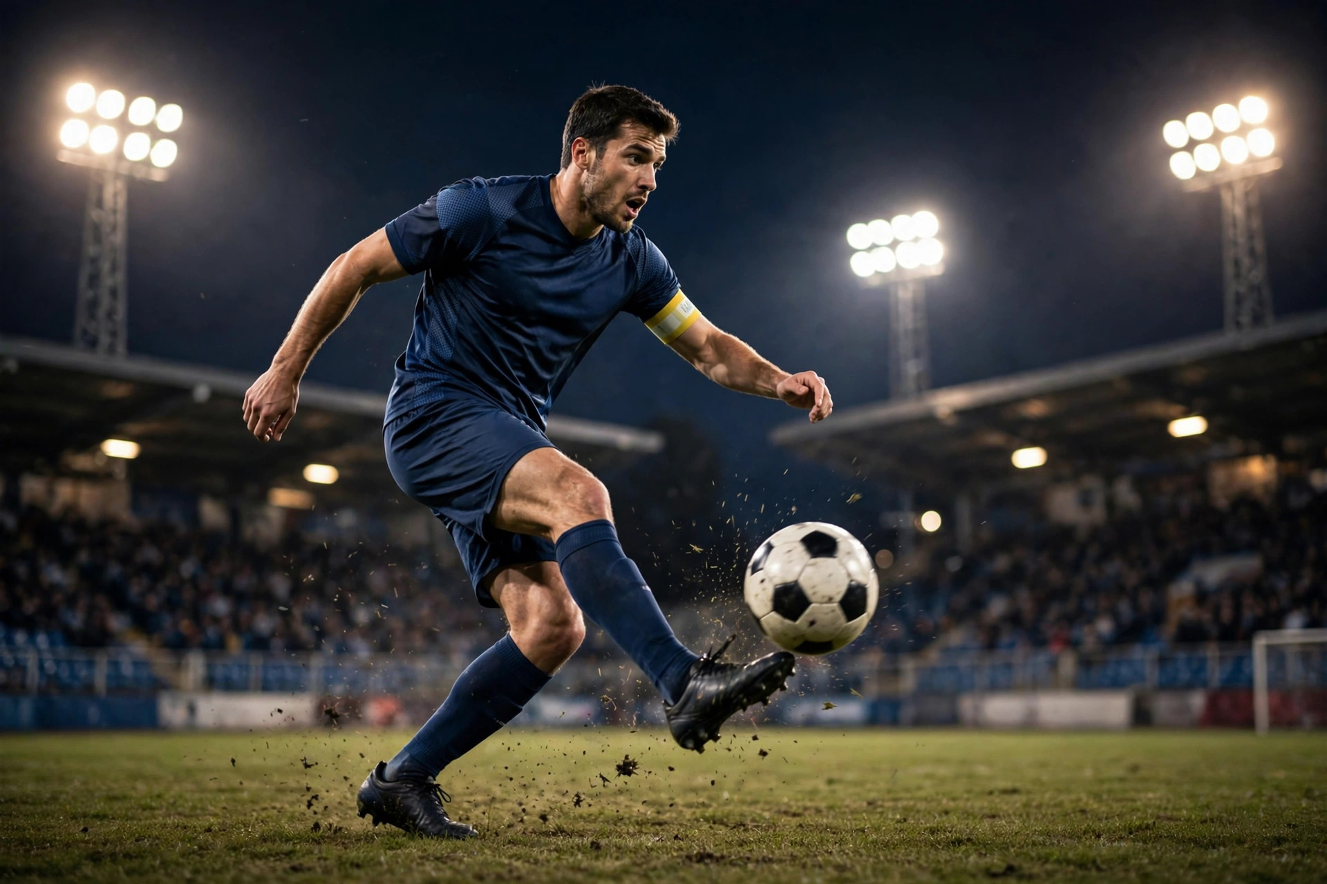 Football player striking a ball under stadium floodlights during a night match
