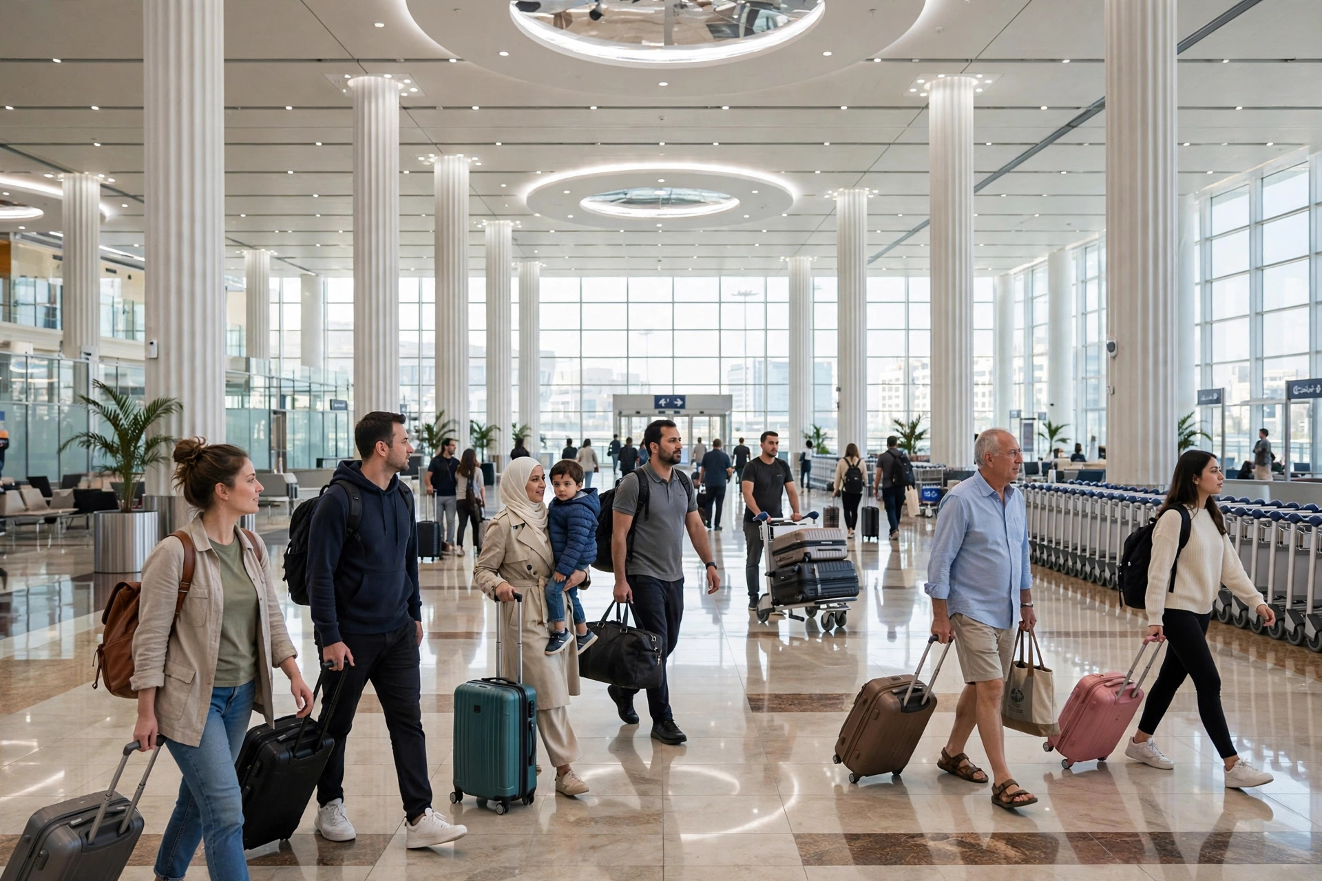 Passengers walking through a bright arrivals hall at Dubai International Airport