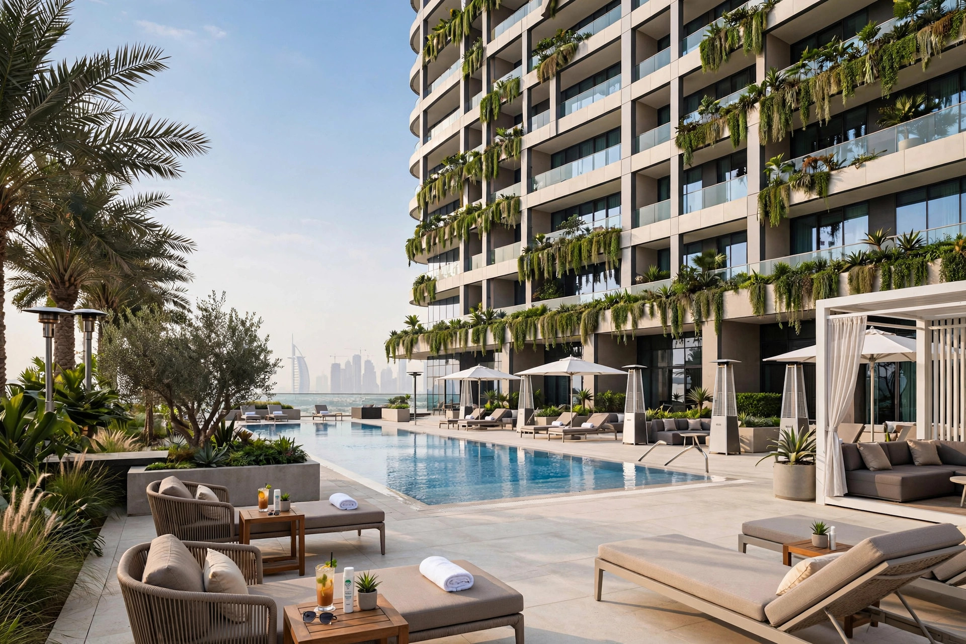 Pool deck and facade of The S Hotel Al Barsha near Dubai Miracle Garden