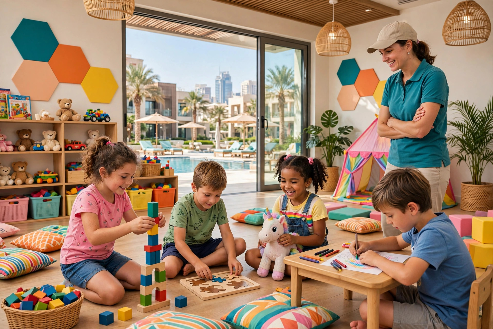 Children playing in a colourful supervised kids club at a Dubai resort