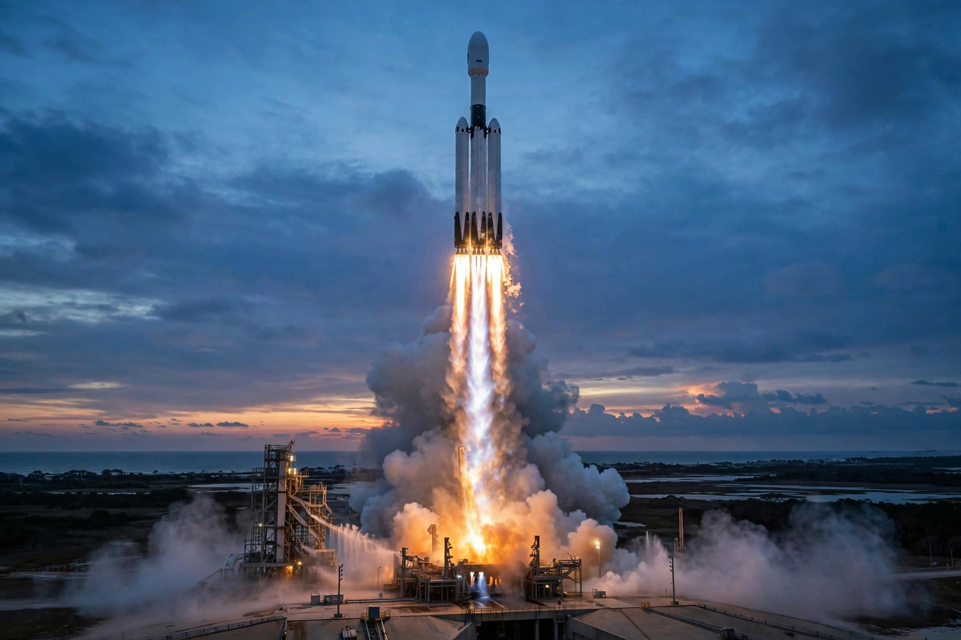 Rocket launching at dusk carrying a rideshare payload into orbit