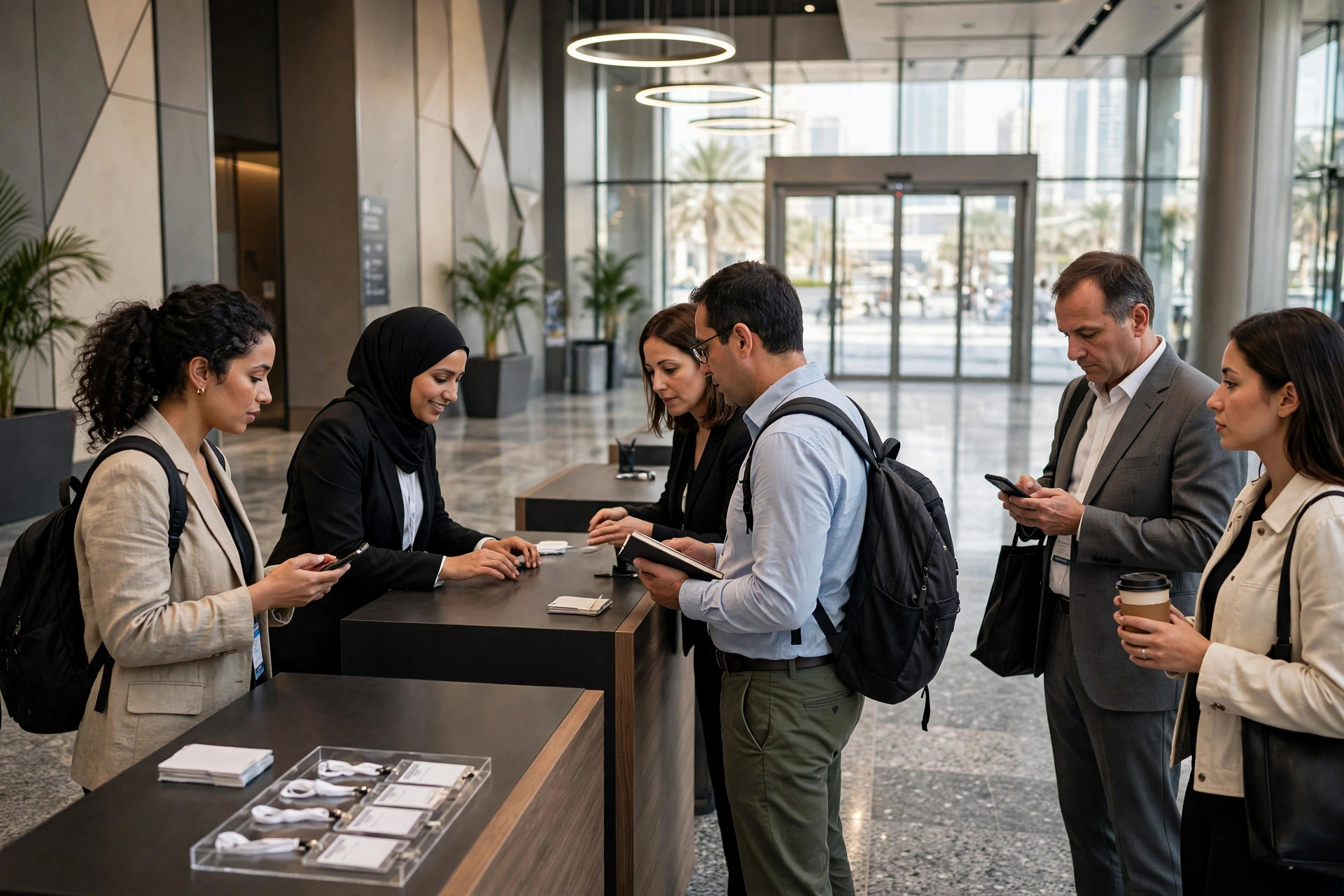 Visitors registering at a large trade exhibition entrance