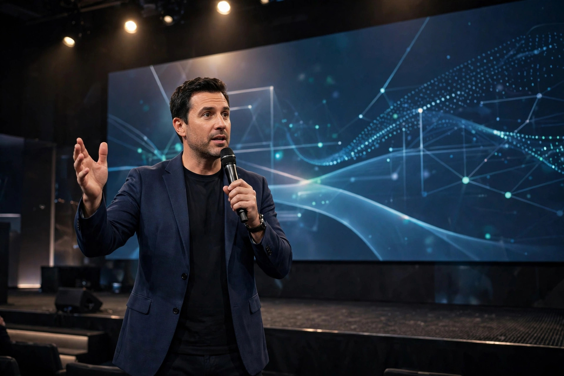 Speaker presenting on a stage with a large screen behind them