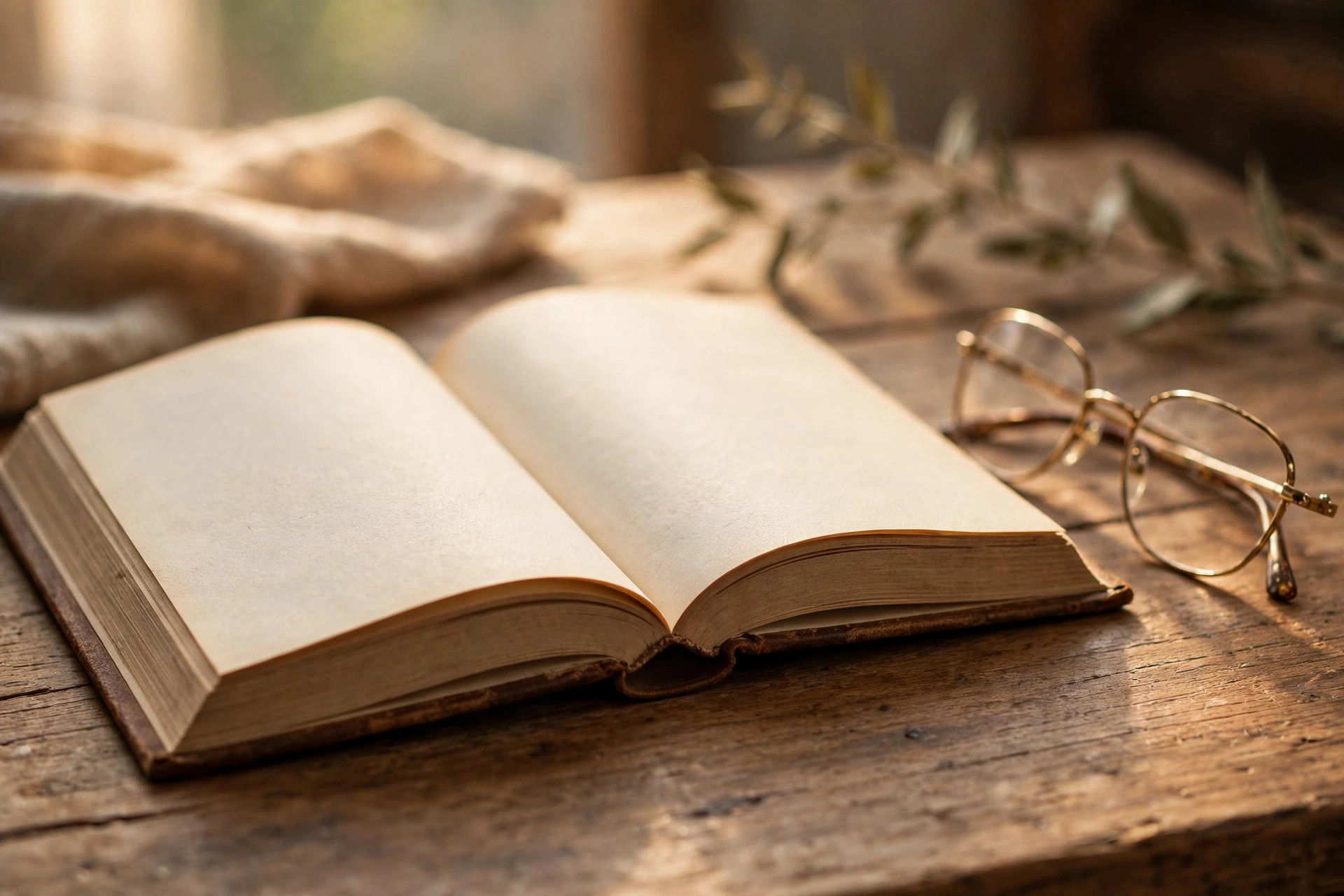 Open book on a desk beside reading glasses in warm light