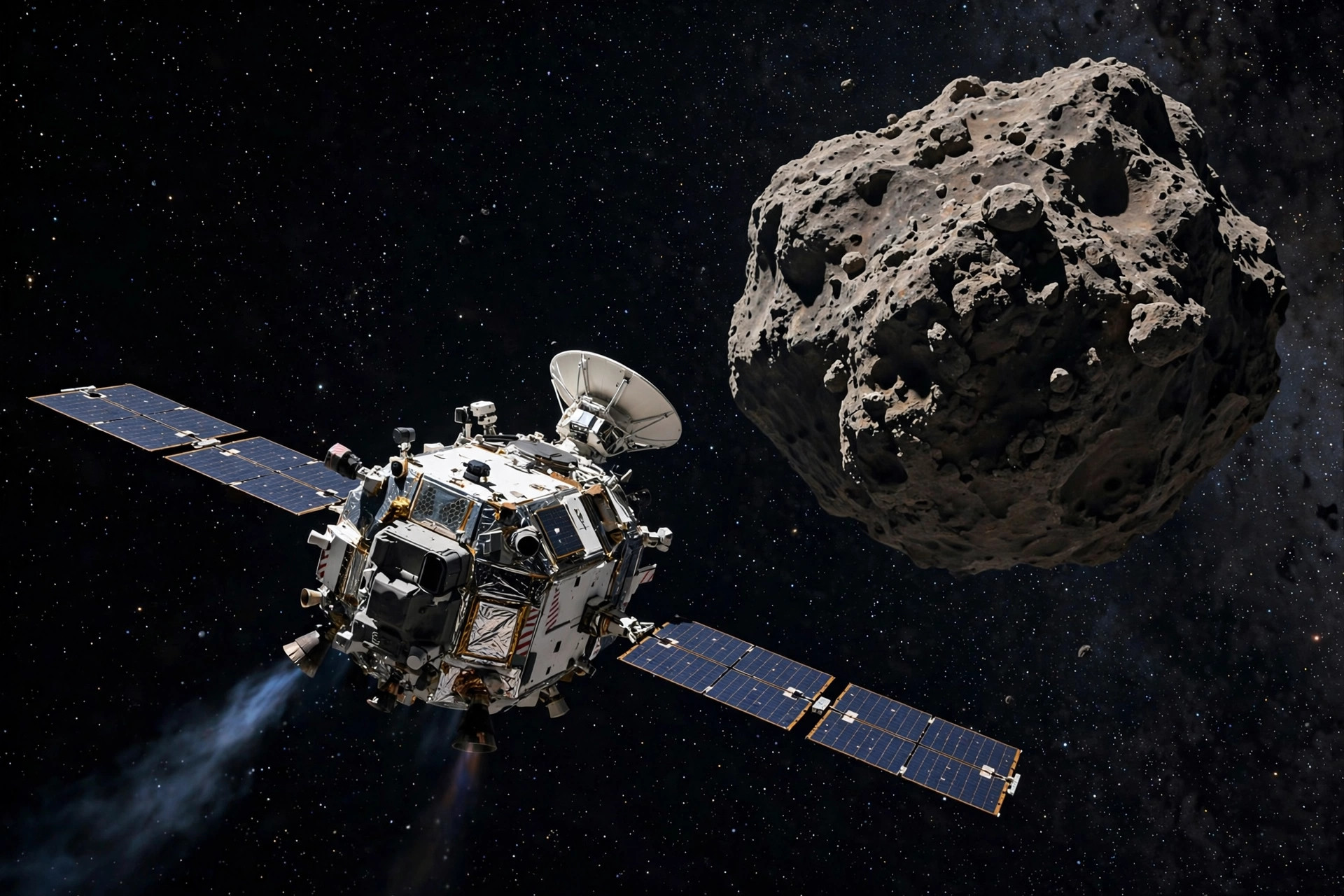 Artist view of a spacecraft approaching a rocky asteroid in deep space
