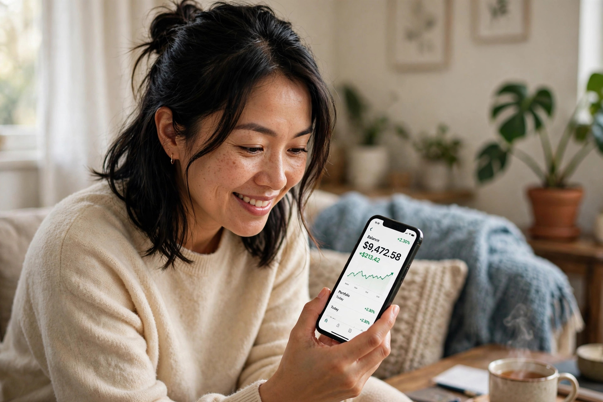 Person checking lottery numbers on a phone at home