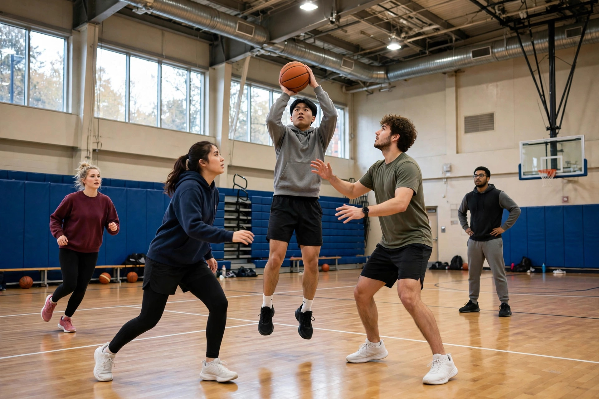 University students playing basketball in an indoor sports hall