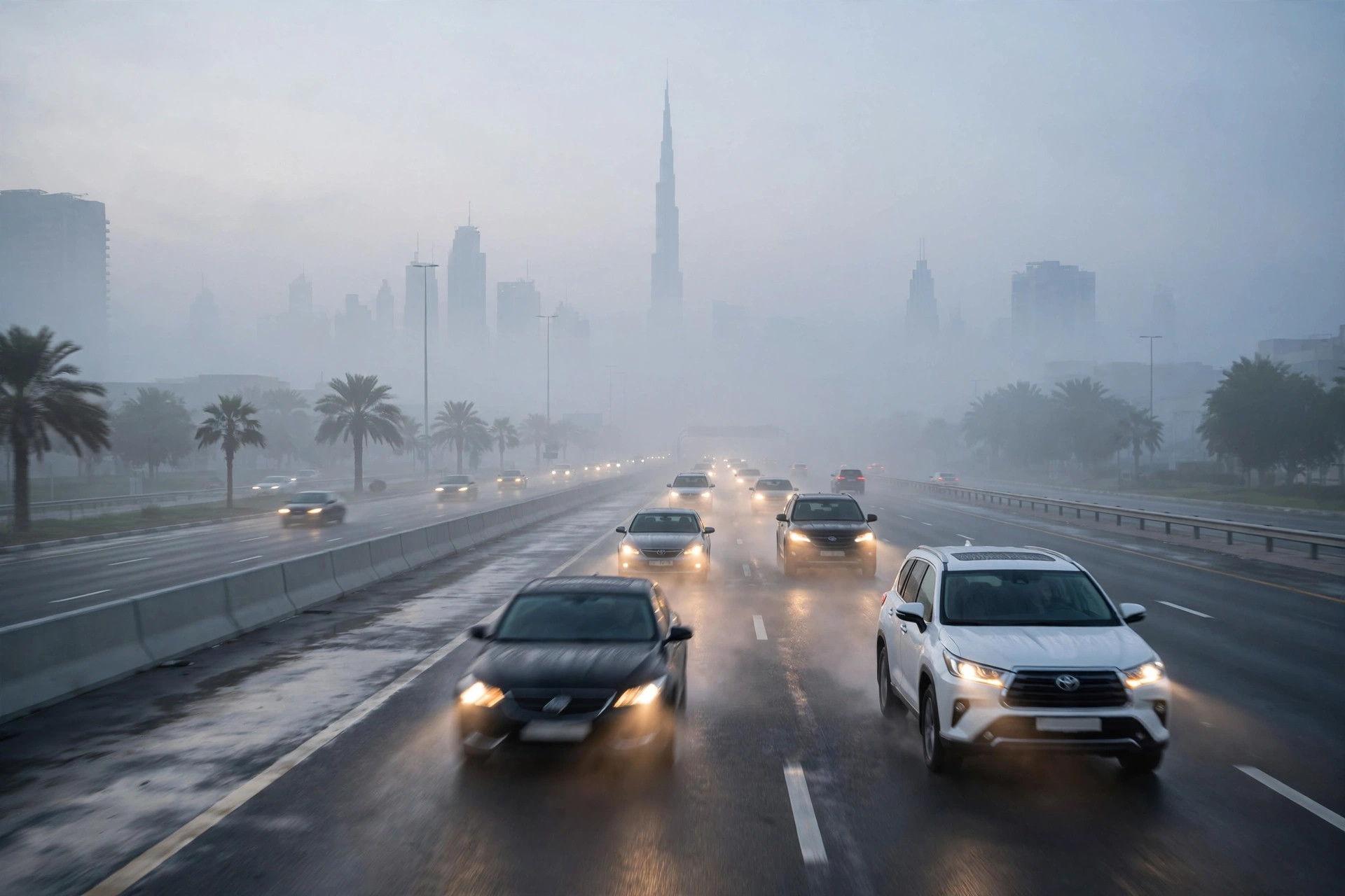 Cars driving slowly through light fog on a Dubai highway at dawn