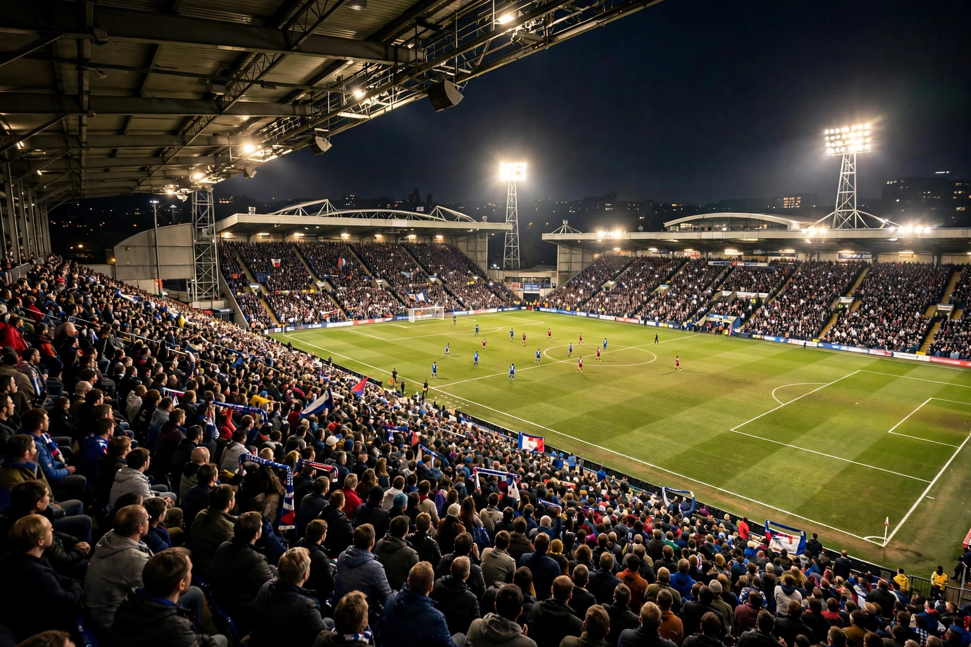 Stadium floodlights and packed stands during a night football match
