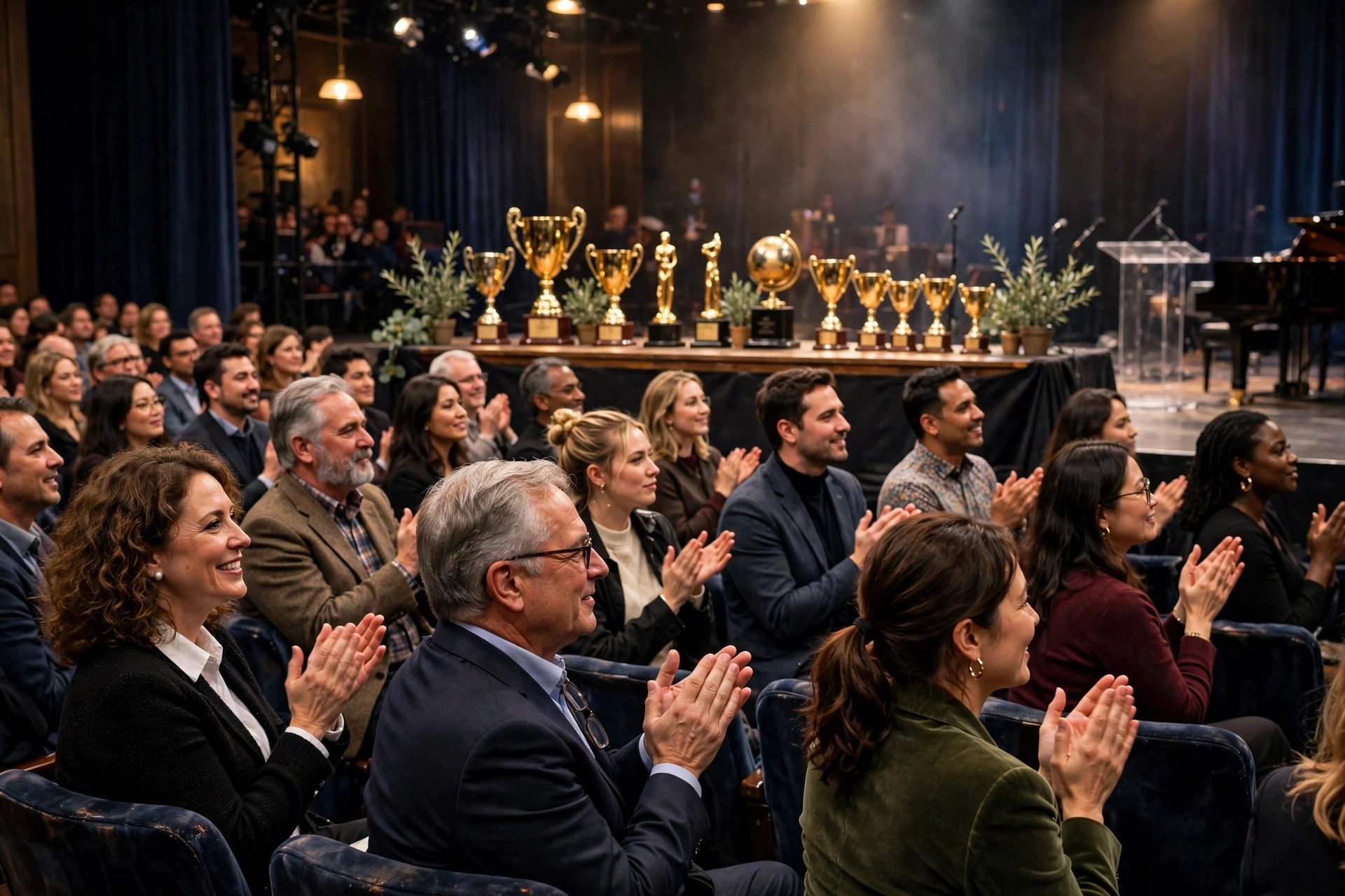 Award ceremony stage with trophies and an audience applauding