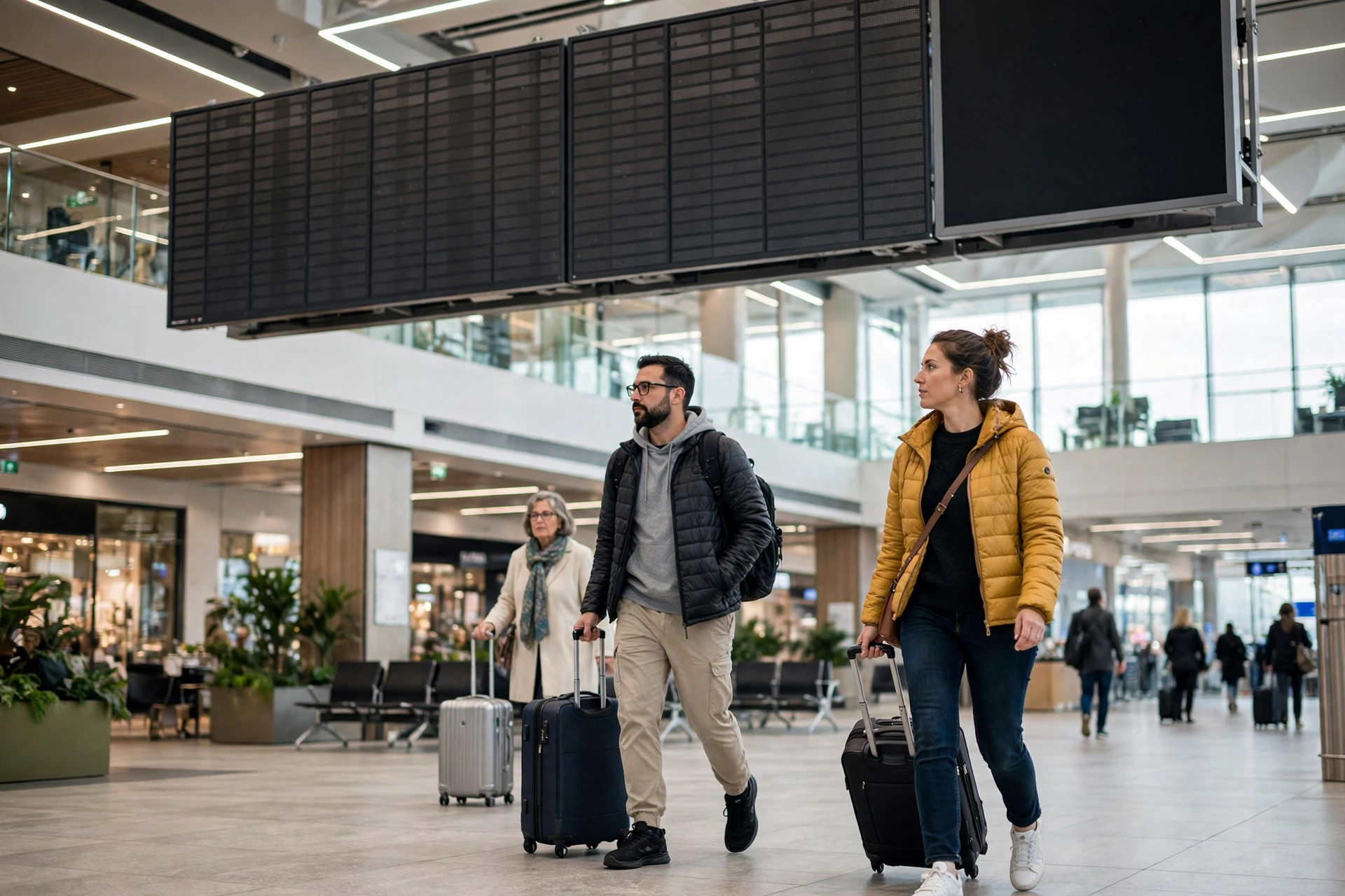 Travellers with luggage walking through a modern airport terminal beneath a flight departure board