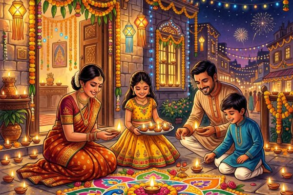 Family lighting diyas at home during Diwali celebrations