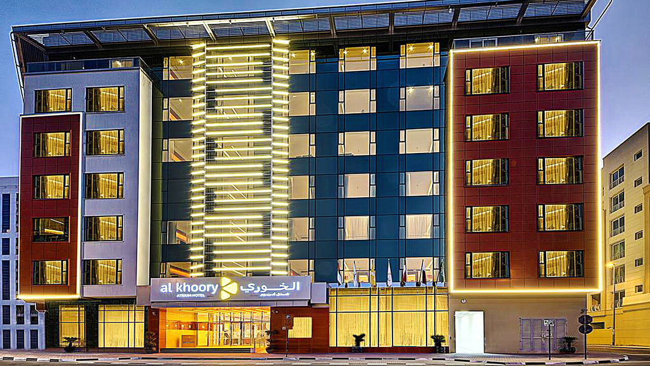 Al Khoory Atrium Hotel facade and atrium lobby in Al Barsha