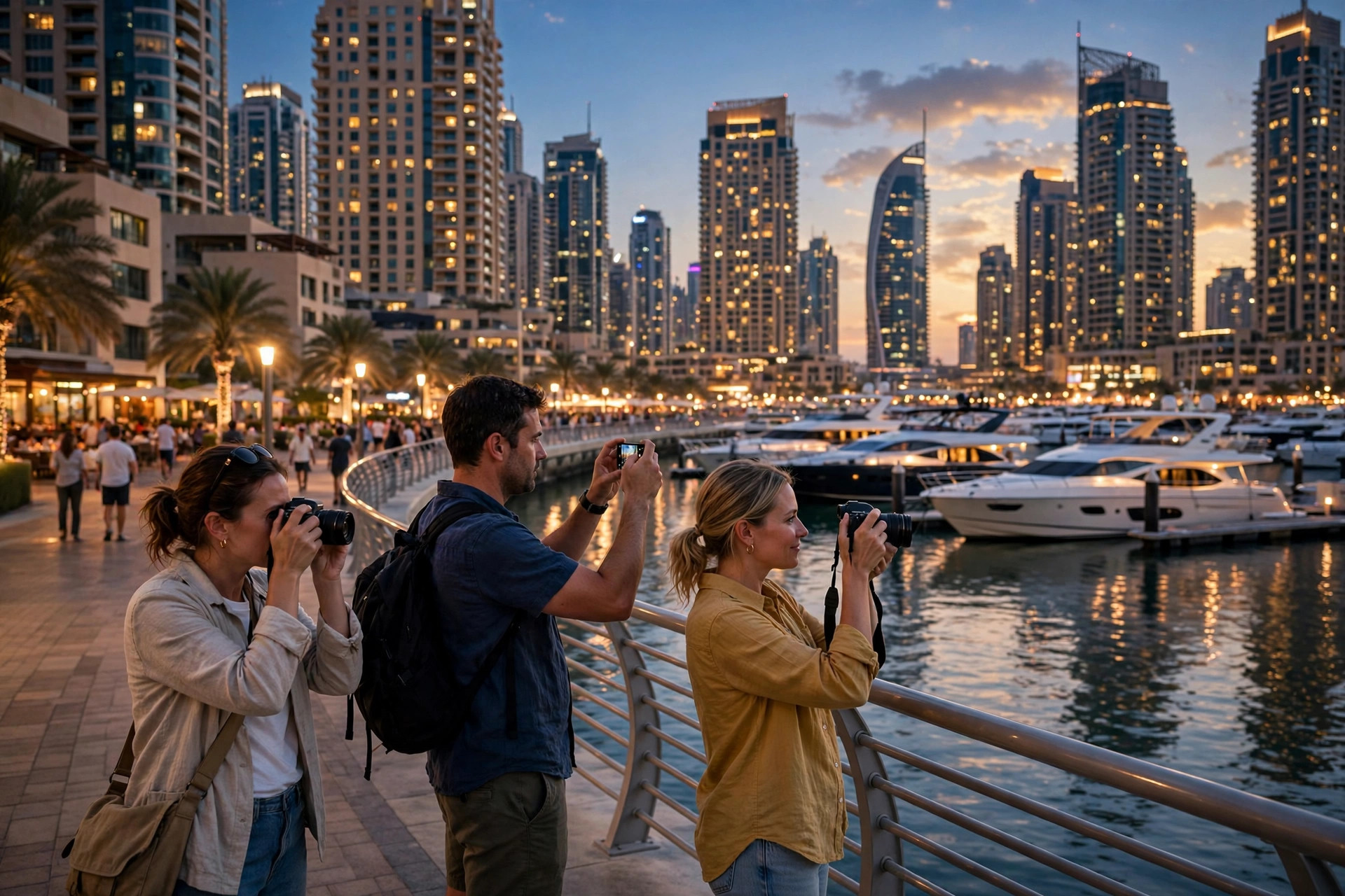 Tourists taking photos along the Dubai Marina promenade at dusk